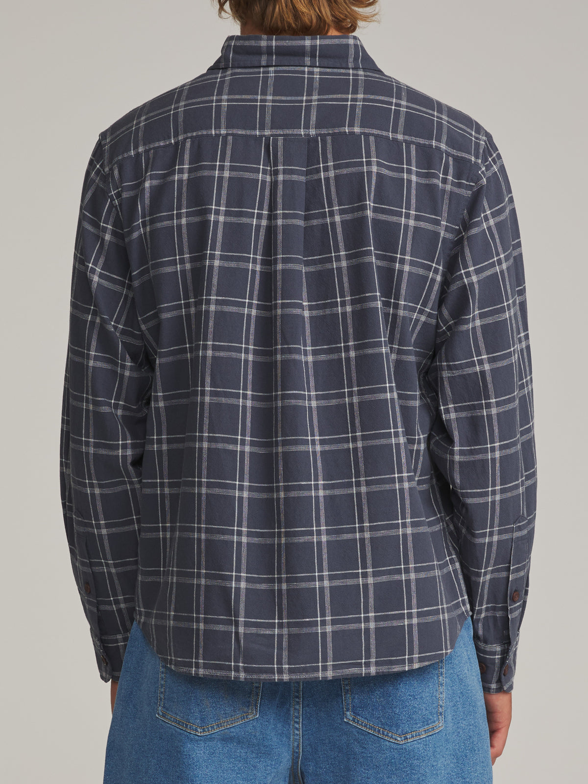 Katin Tack Shirt in Washed Blue - worn on model, back