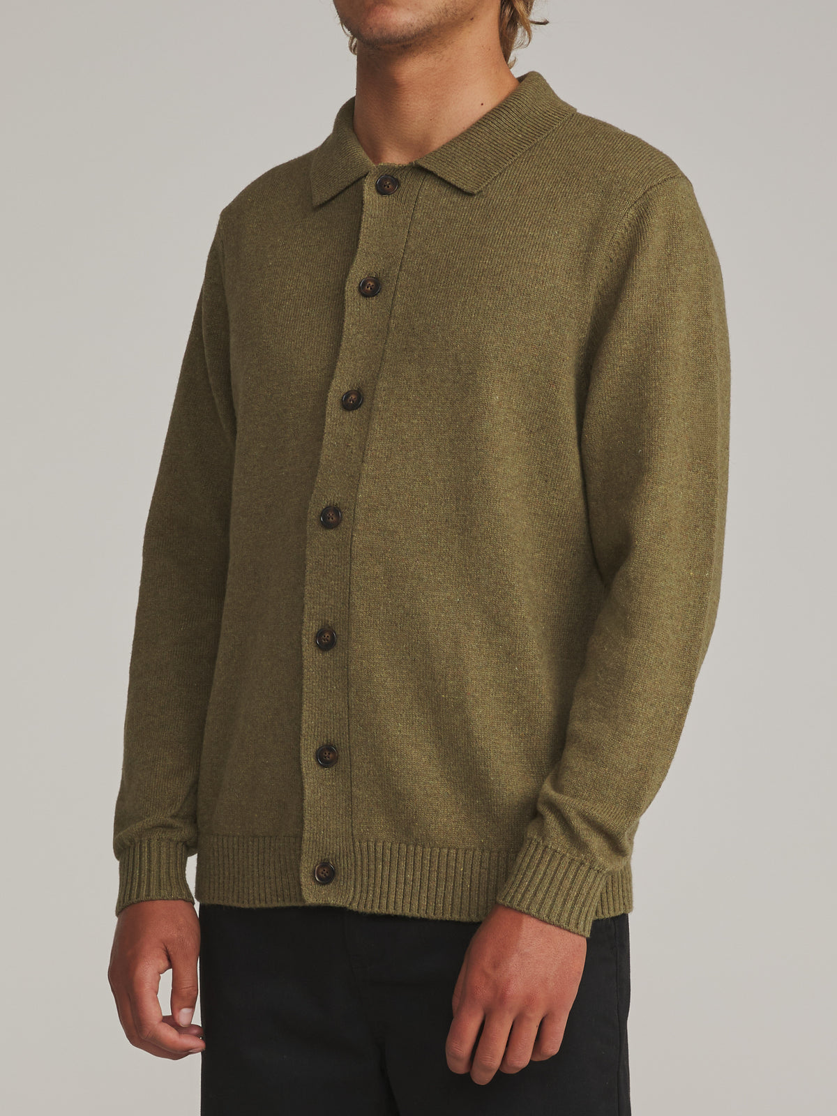 Katin Conor Sweater in Heather Olive - worn on model, side