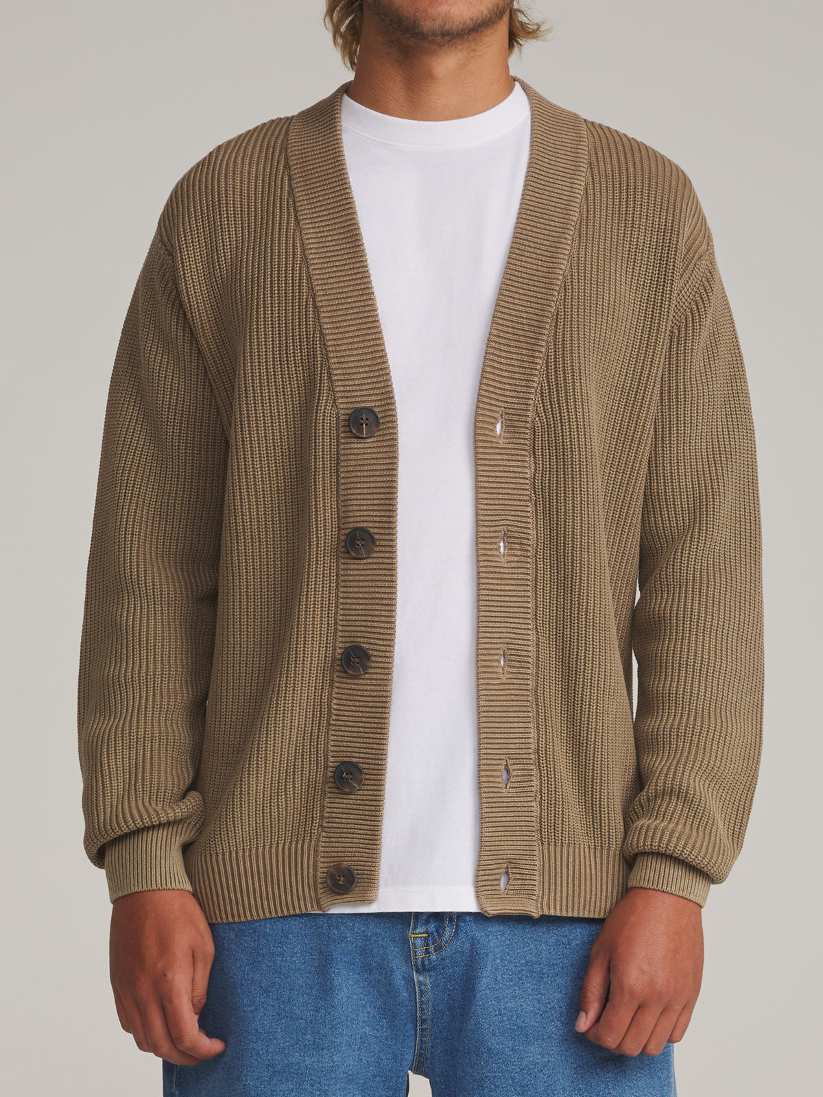Katin Gallant Cardigan Sweater in Light Brown - worn on model, front