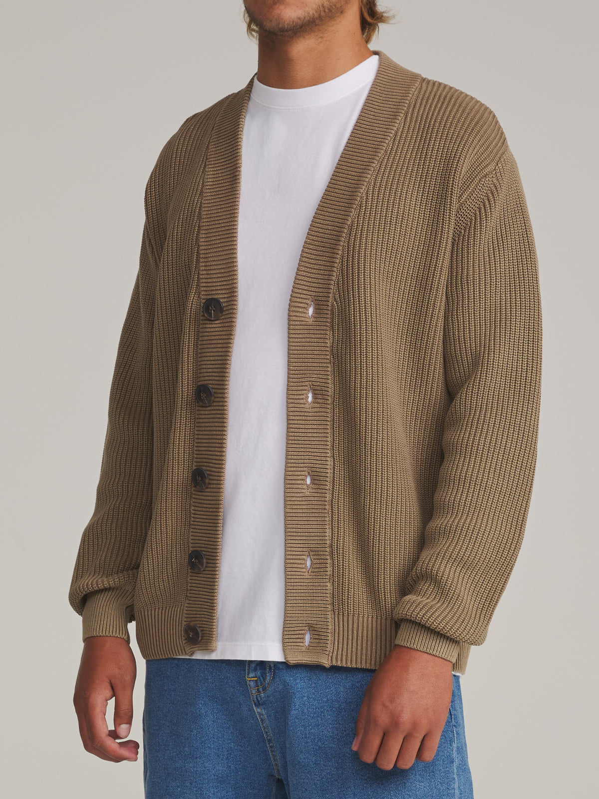 Katin Gallant Cardigan Sweater in Light Brown - worn on model, side