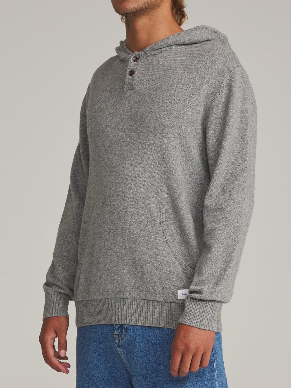 Katin Hayes Hooded Henley Sweater in Heather Gray - worn on model, side