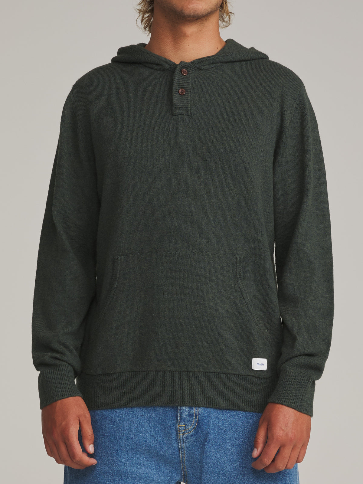 Katin Hayes Hooded Henley Sweater in Heather Green - worn on model, front