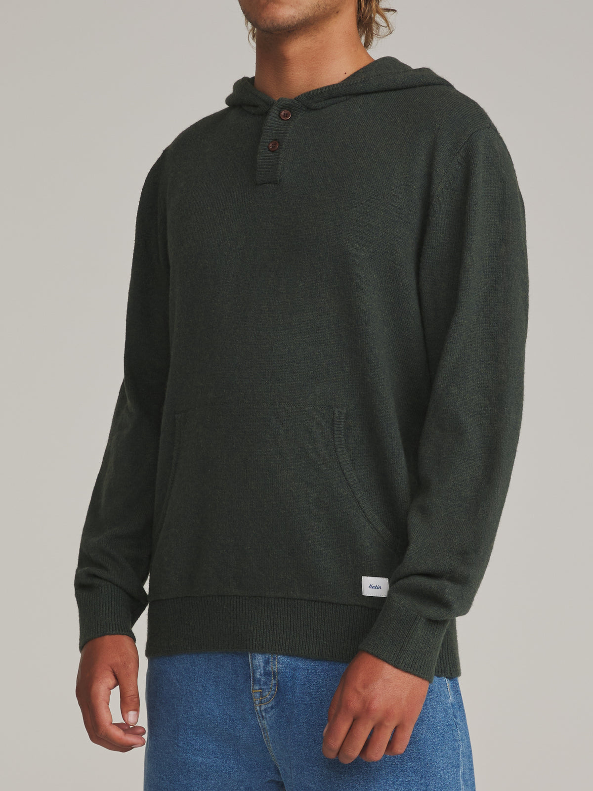 Katin Hayes Hooded Henley Sweater in Heather Green - worn on model, side