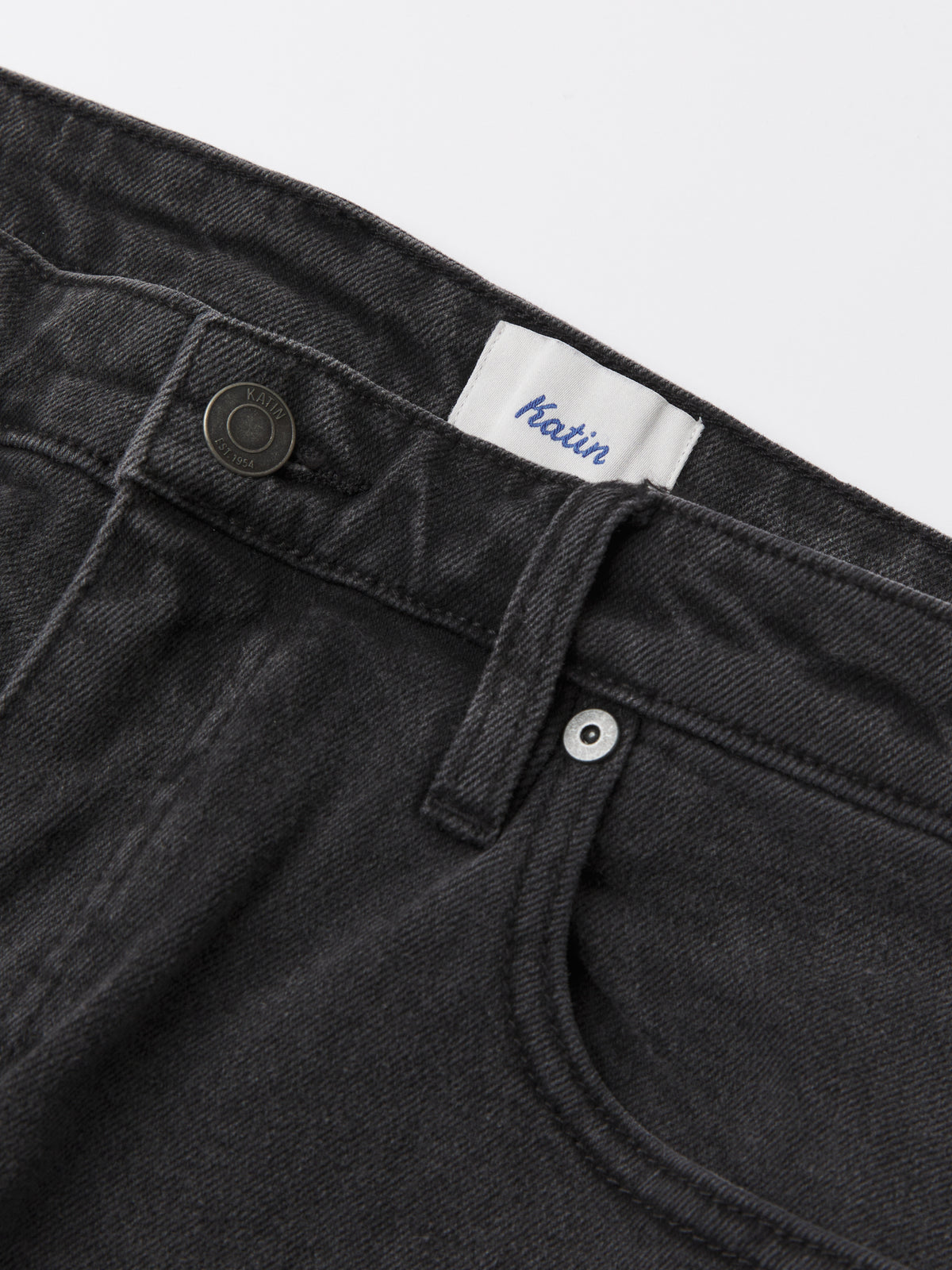 Katin George 64 Relaxed in Washed Black denim, flat, front detail #color_washed black