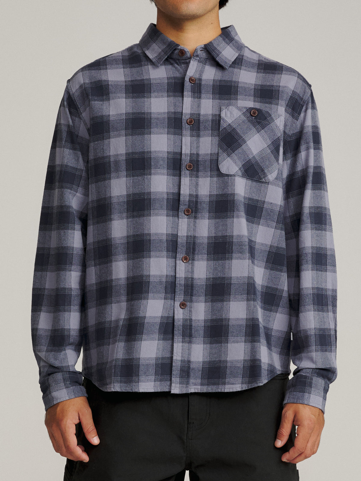 Katin Derek Flannel in Tradewinds Plaid lightweight flannel, on model, front #color_tradewinds plaid