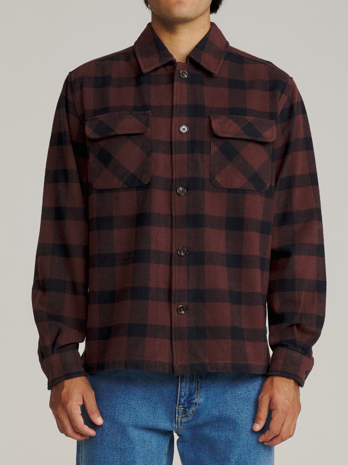 Katin Shiloh Flannel in French Roast Plaid, on model, front #color_french roast plaid