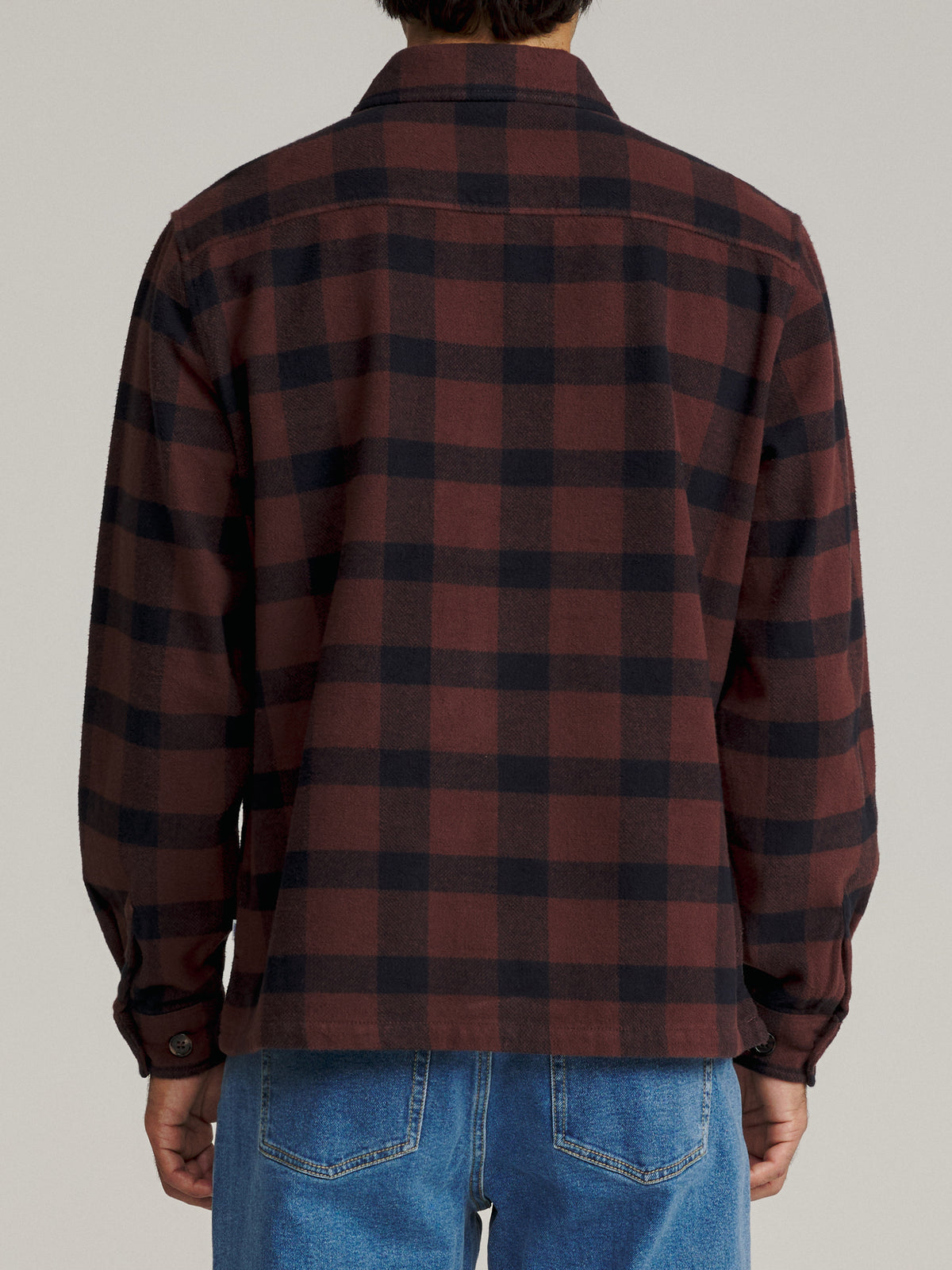 Katin Shiloh Flannel in French Roast Plaid, on model, back #color_french roast plaid