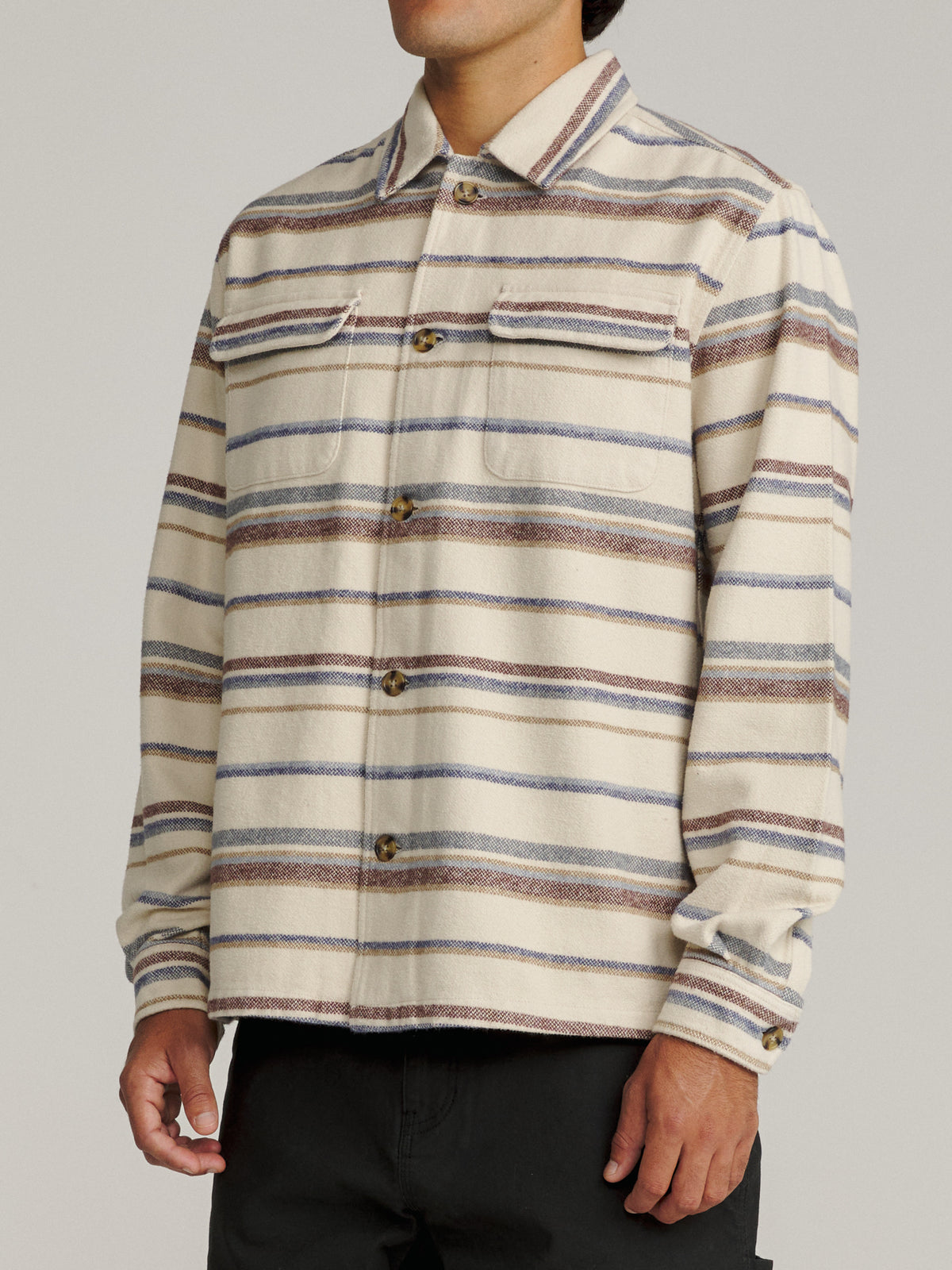 Katin Shiloh Flannel in Pelican heavyweight flannel, on model, side #color_pelican