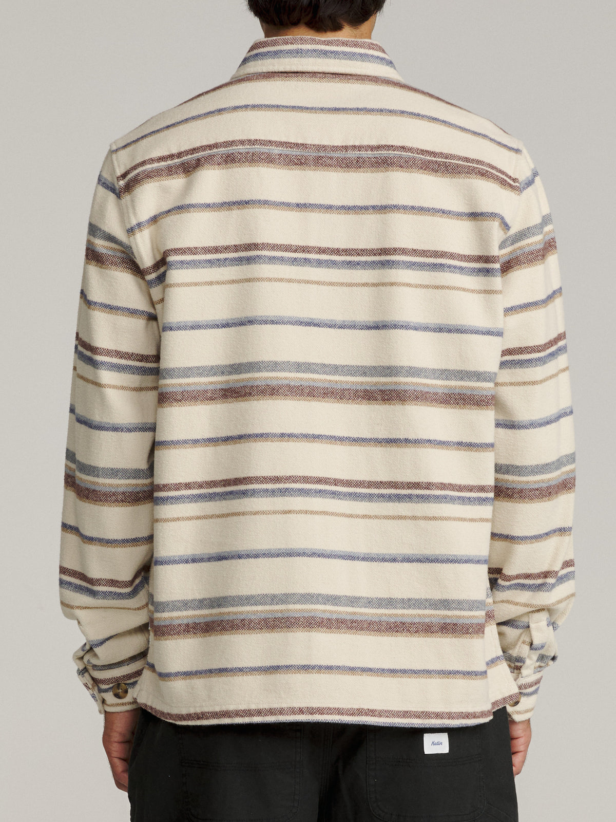 Katin Shiloh Flannel in Pelican heavyweight flannel, on model, back #color_pelican