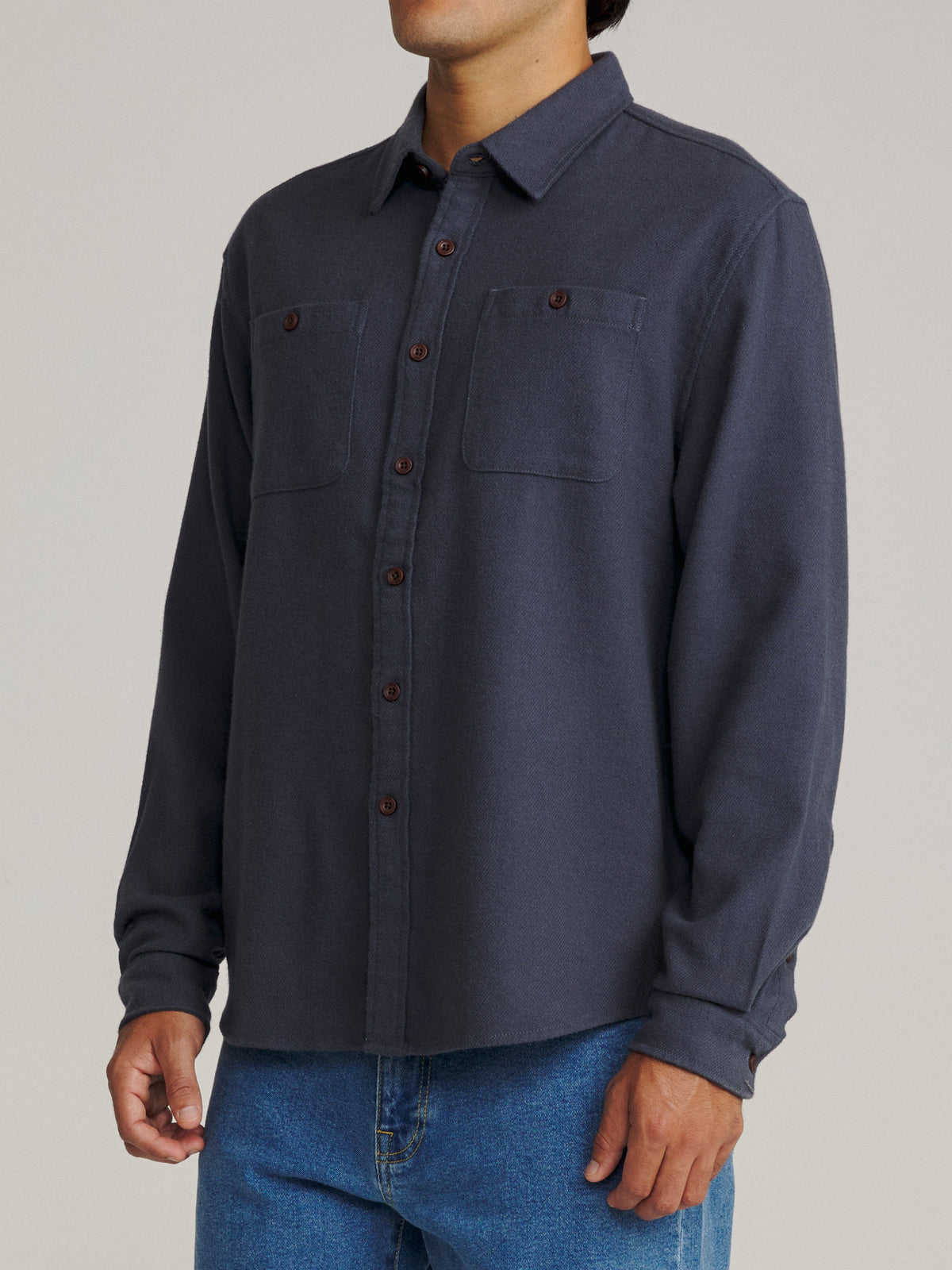 Katin Sierra Flannel in Washed Blue midweight flannel, on model, side #color_washed blue