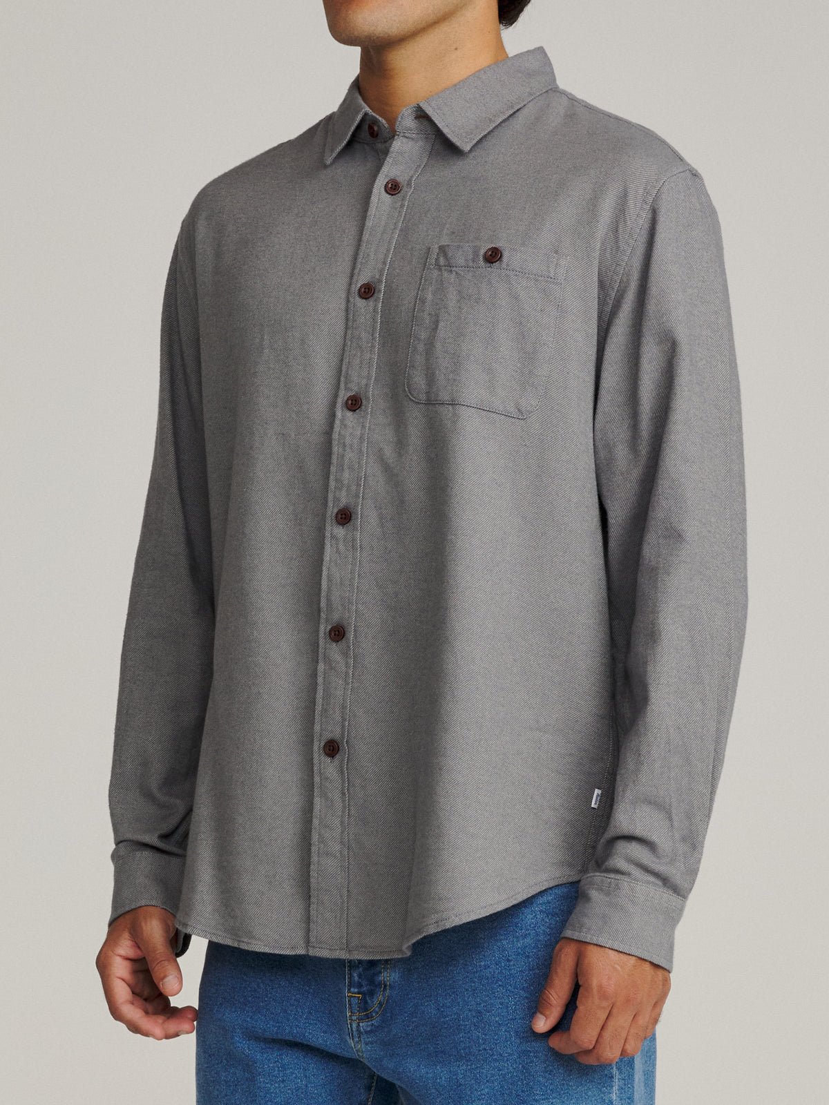 Katin Twiller Flannel in Gray lightweight flannel, on model, side #color_gray