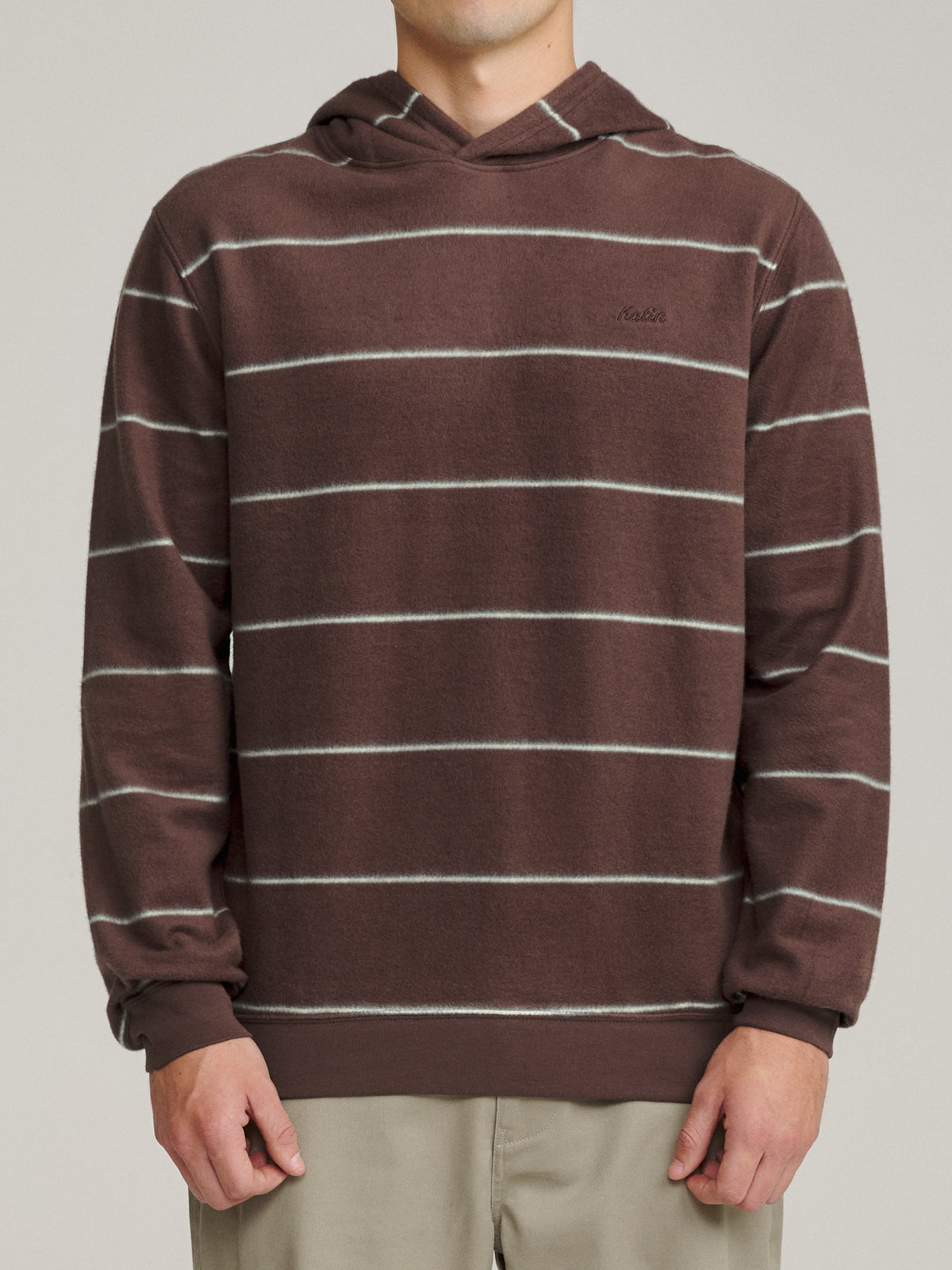 Katin Parks Hood in French Roast brushed reverse fleece, on model, front #color_french roast