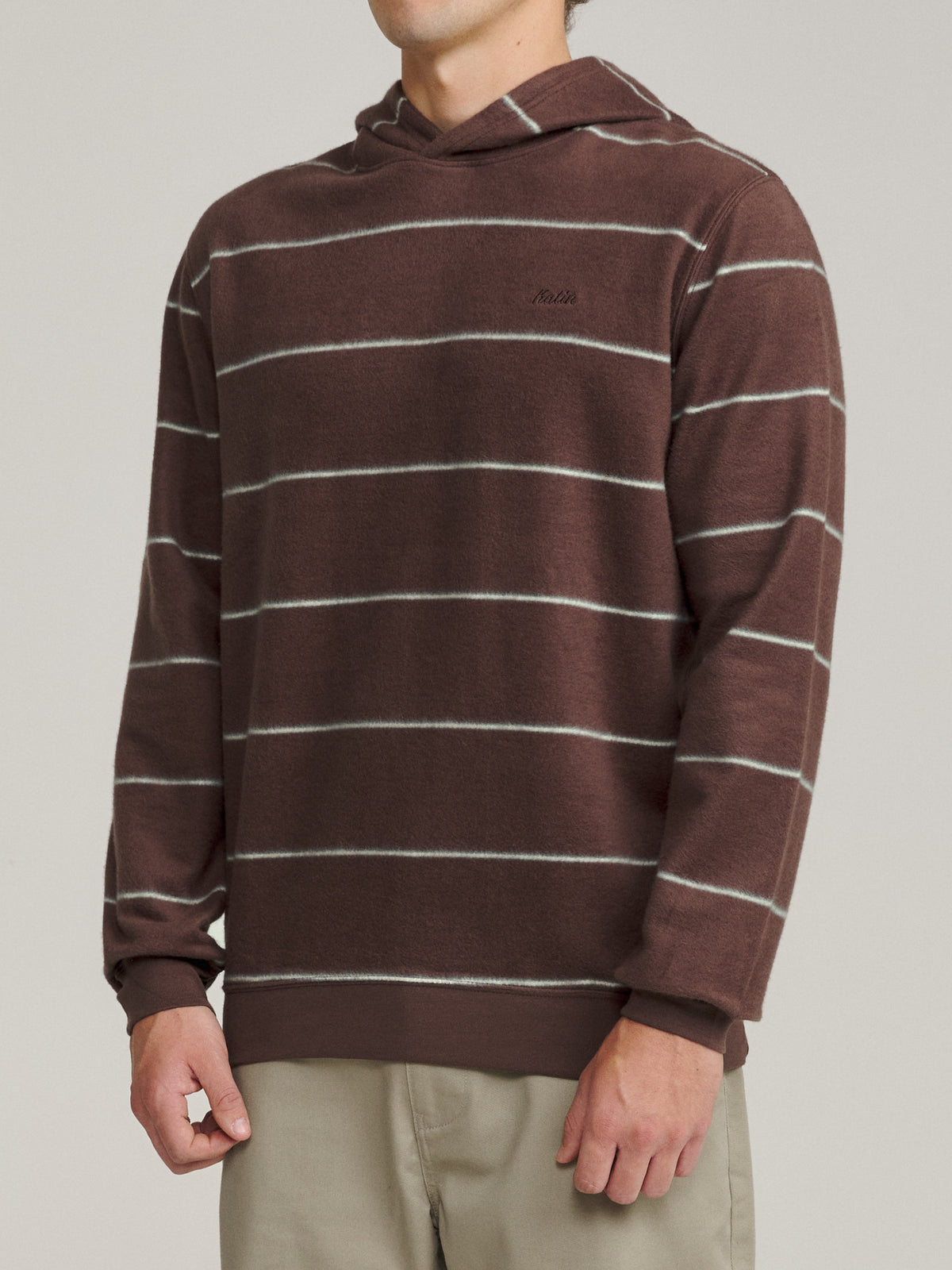 Katin Parks Hood in French Roast brushed reverse fleece, on model, side #color_french roast