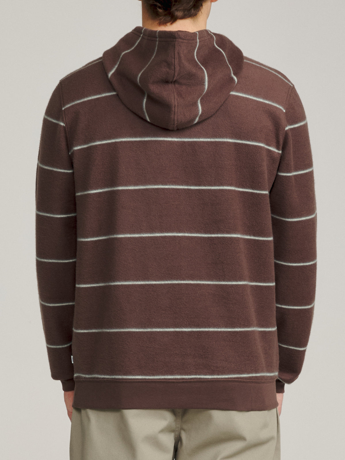 Katin Parks Hood in French Roast brushed reverse fleece, on model, back #color_french roast