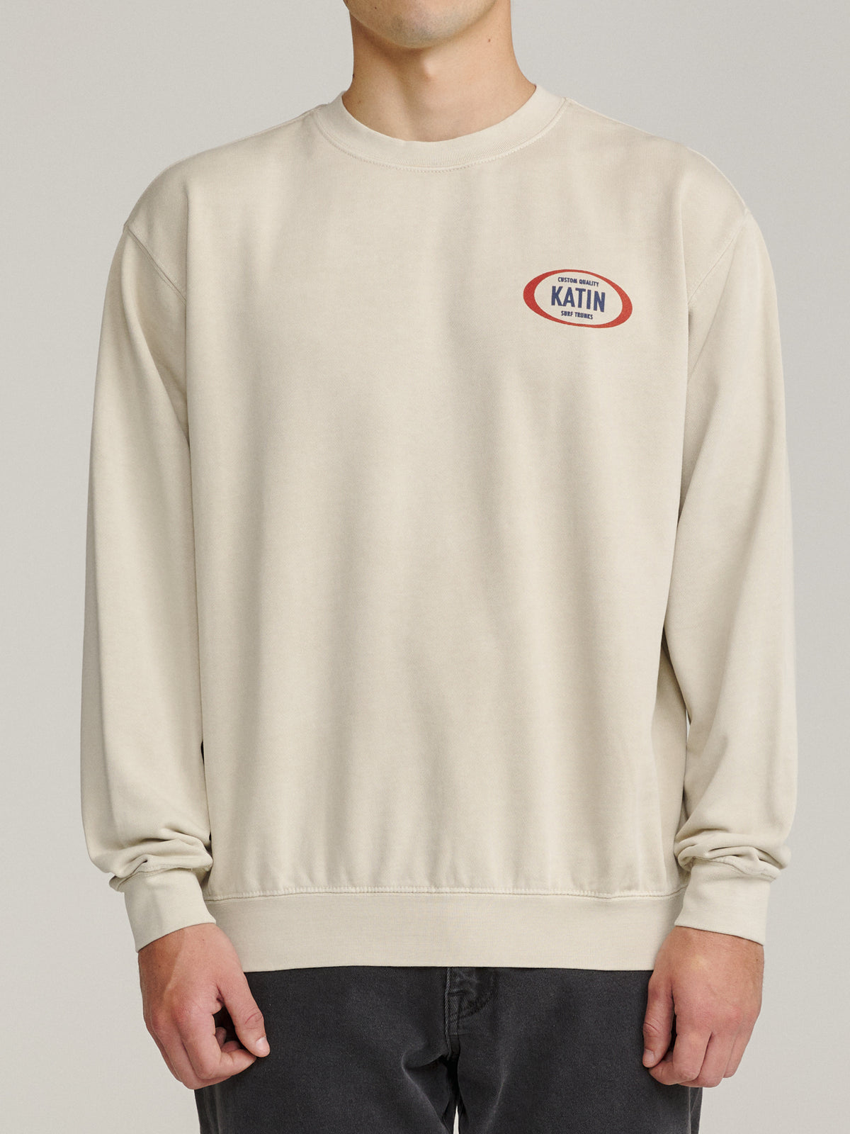 Katin Campo Crew in Pelican Vintage Wash, on model, front #color_pelican vintage wash