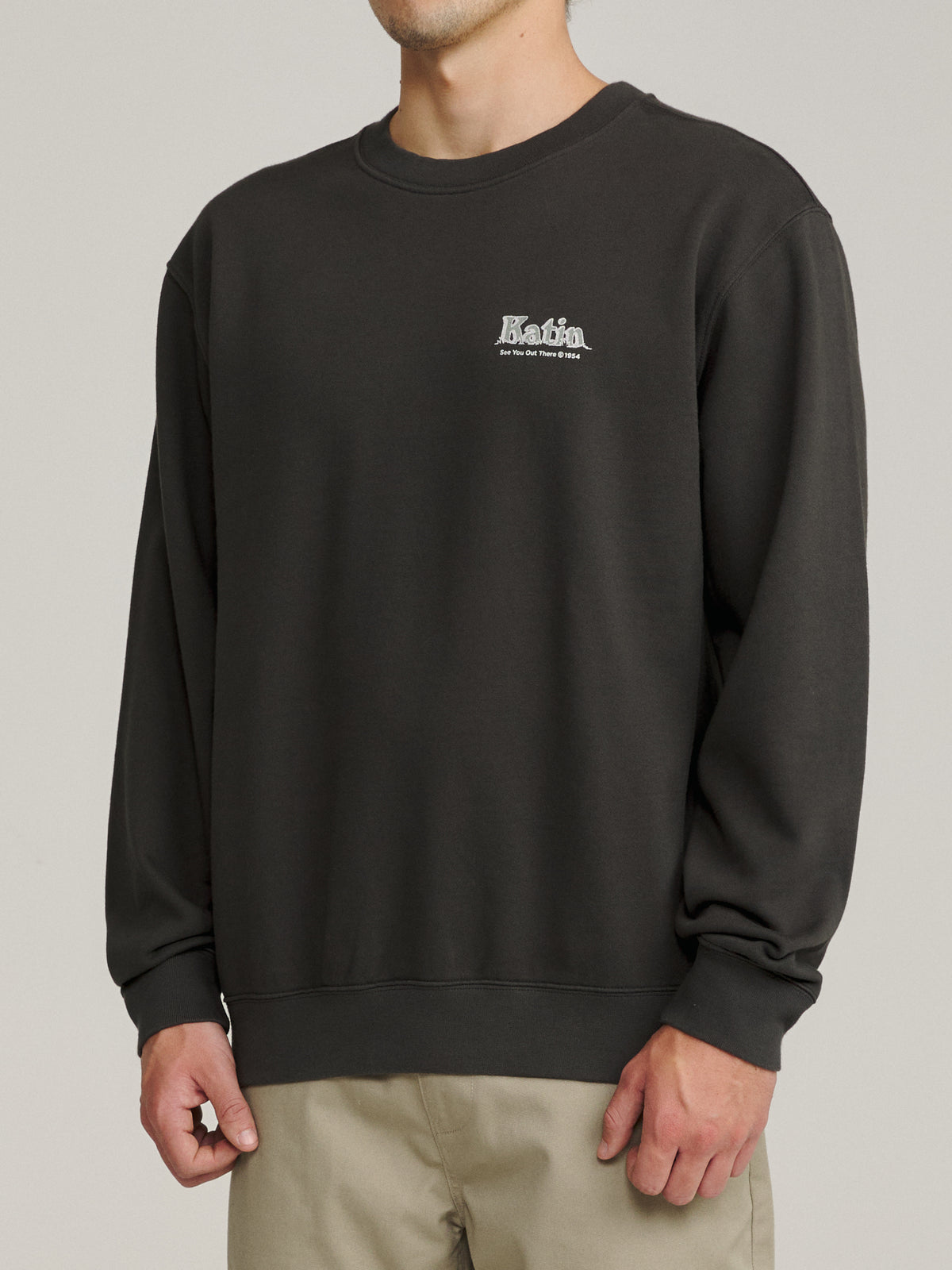 Katin Eureka Crew in Black Wash heavyweight fleece, on model, side #color_black wash