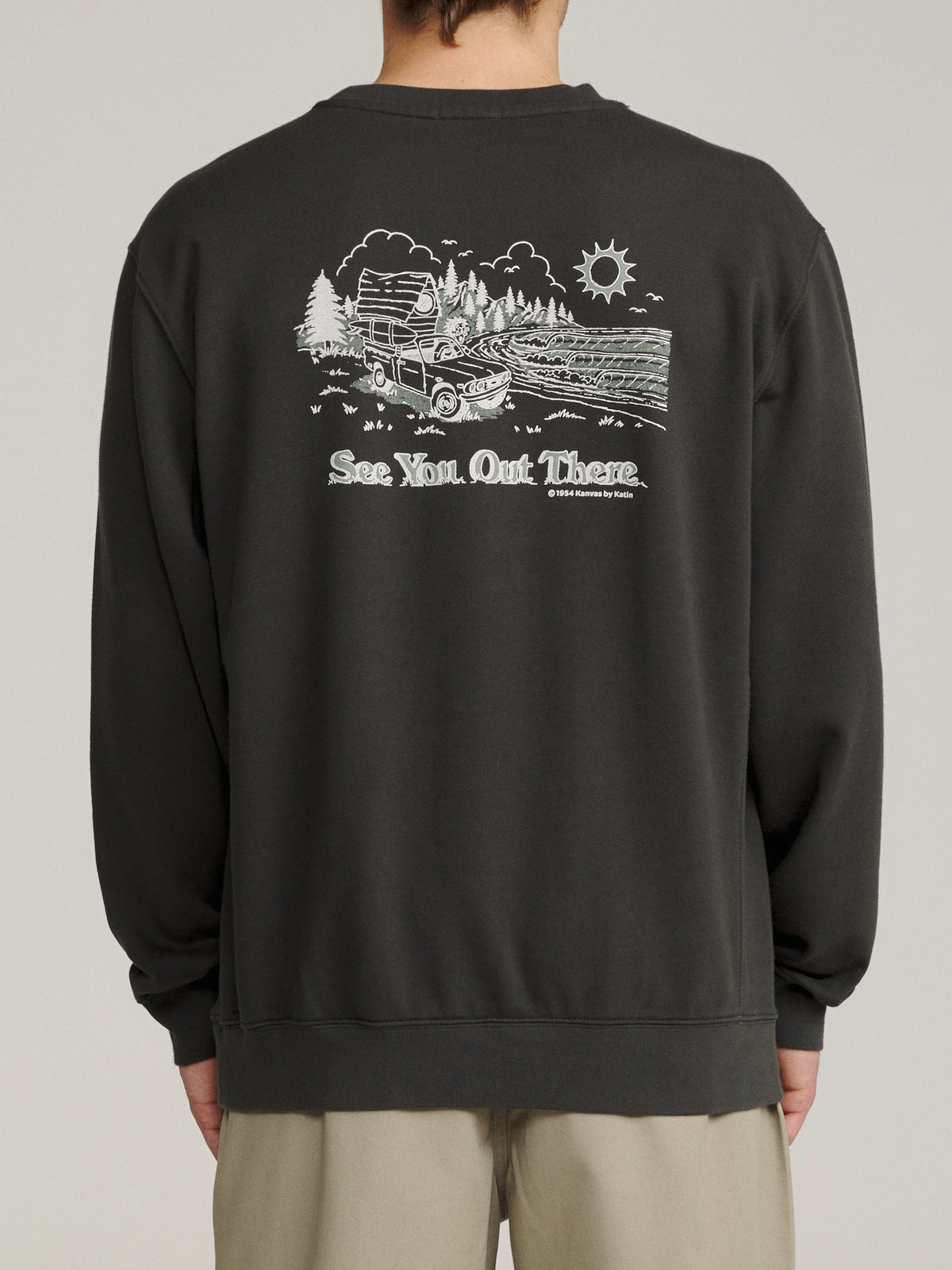 Katin Eureka Crew in Black Wash heavyweight fleece, on model, back #color_black wash