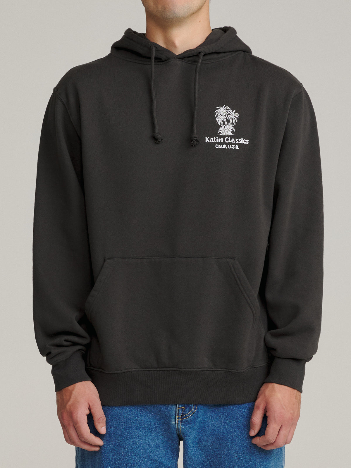 Katin Vine Hood in Black Wash heavyweight fleece, on model, front #color_black wash