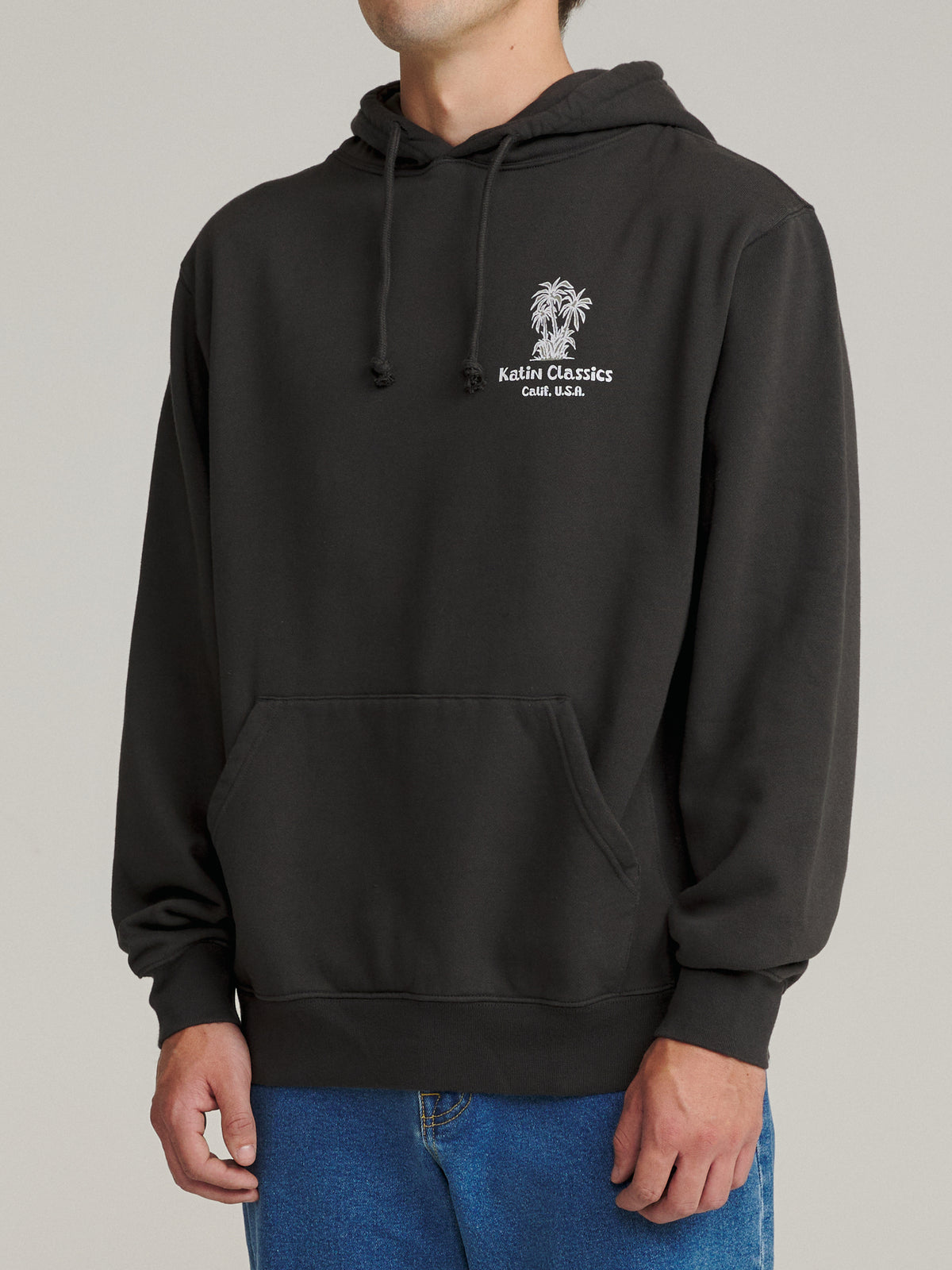 Katin Vine Hood in Black Wash heavyweight fleece, on model, side #color_black wash