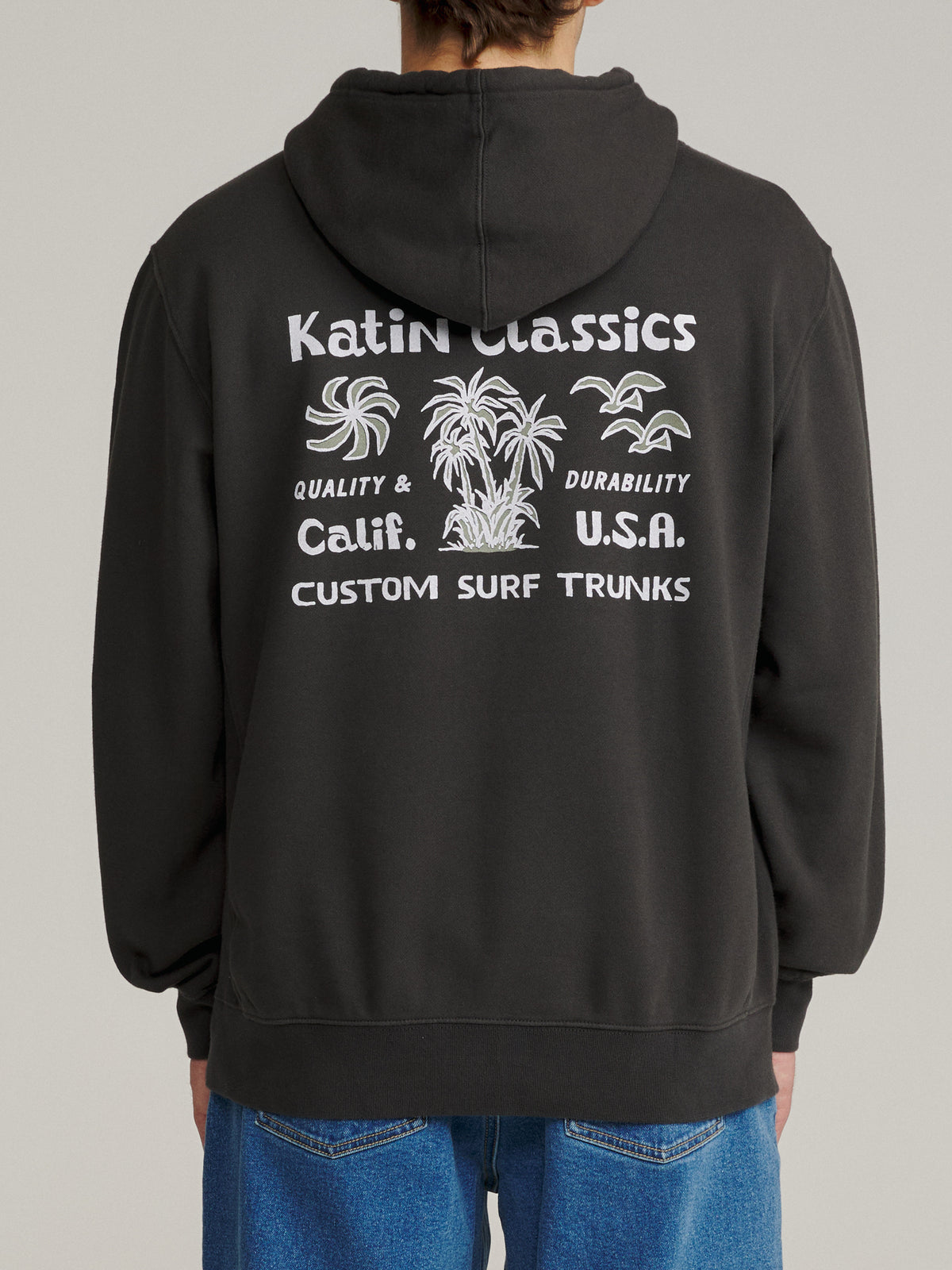 Katin Vine Hood in Black Wash heavyweight fleece, on model, back #color_black wash