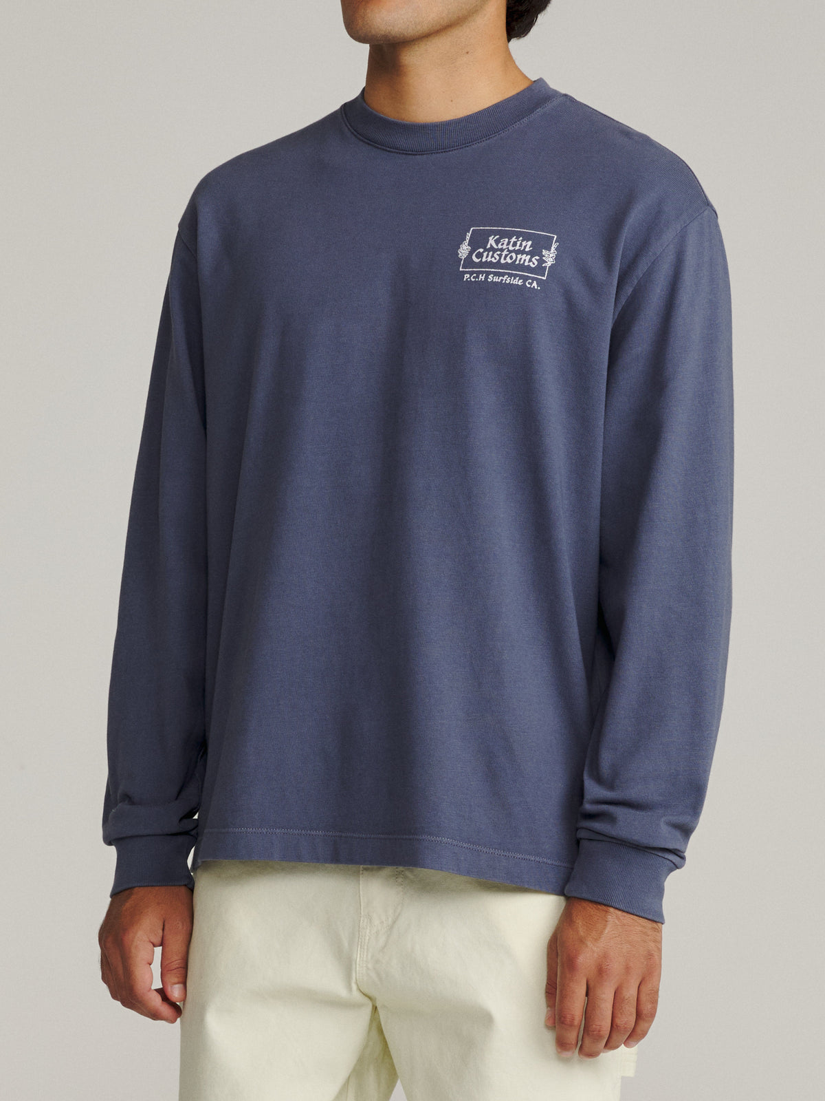 Void Box Fit LS Tee in Washed Blue Vintage Wash, on model, side #color_washed blue vintage wash