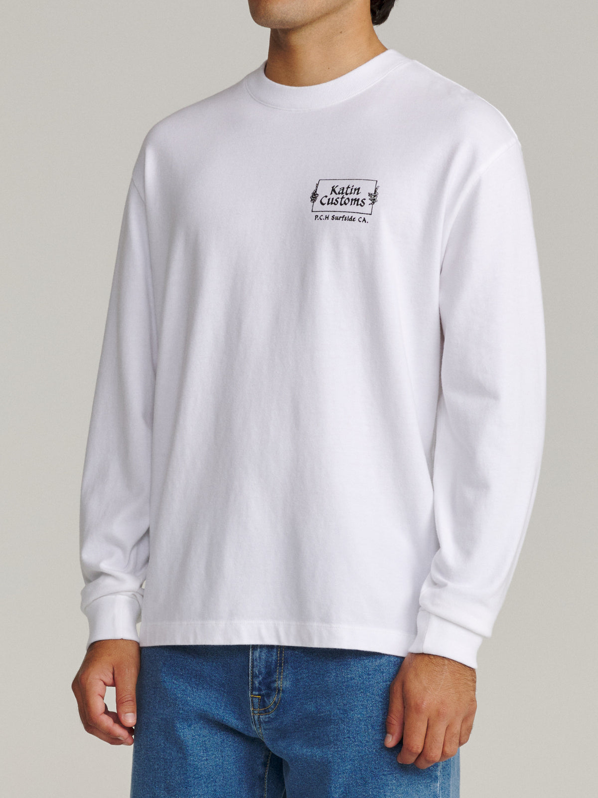 Katin Void Box Fit LS Tee in White heavyweight jersey, on model, side #color_white