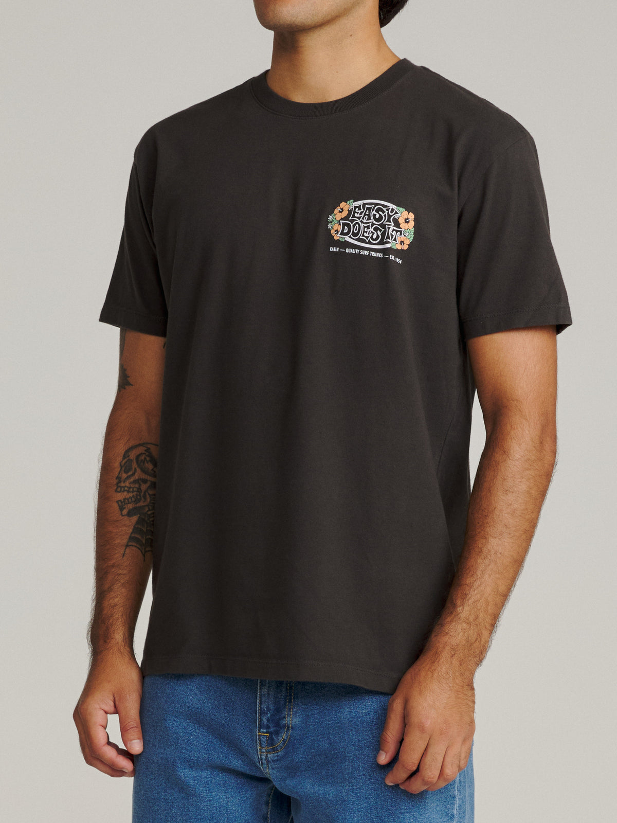 Katin Barra Tee in Black Wash midweight jersey, on model, side #color_black wash