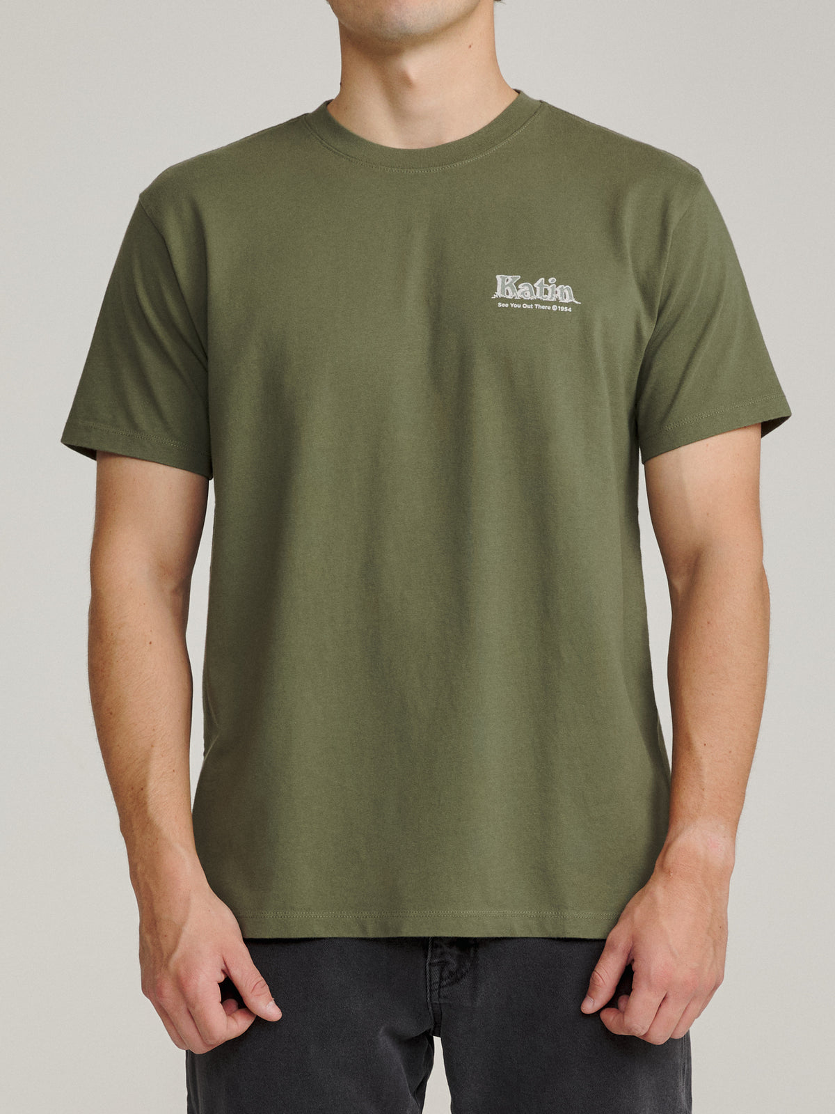 Katin Eureka Tee in Clover midweight jersey, on model, front #color_clover