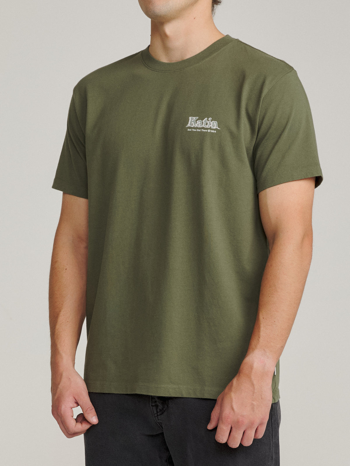 Katin Eureka Tee in Clover midweight jersey, on model, side #color_clover