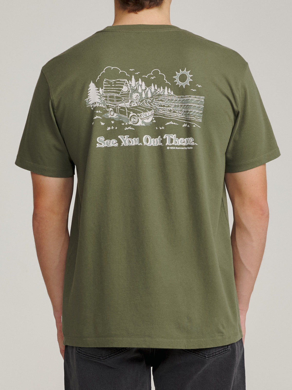 Katin Eureka Tee in Clover midweight jersey, on model, back #color_clover