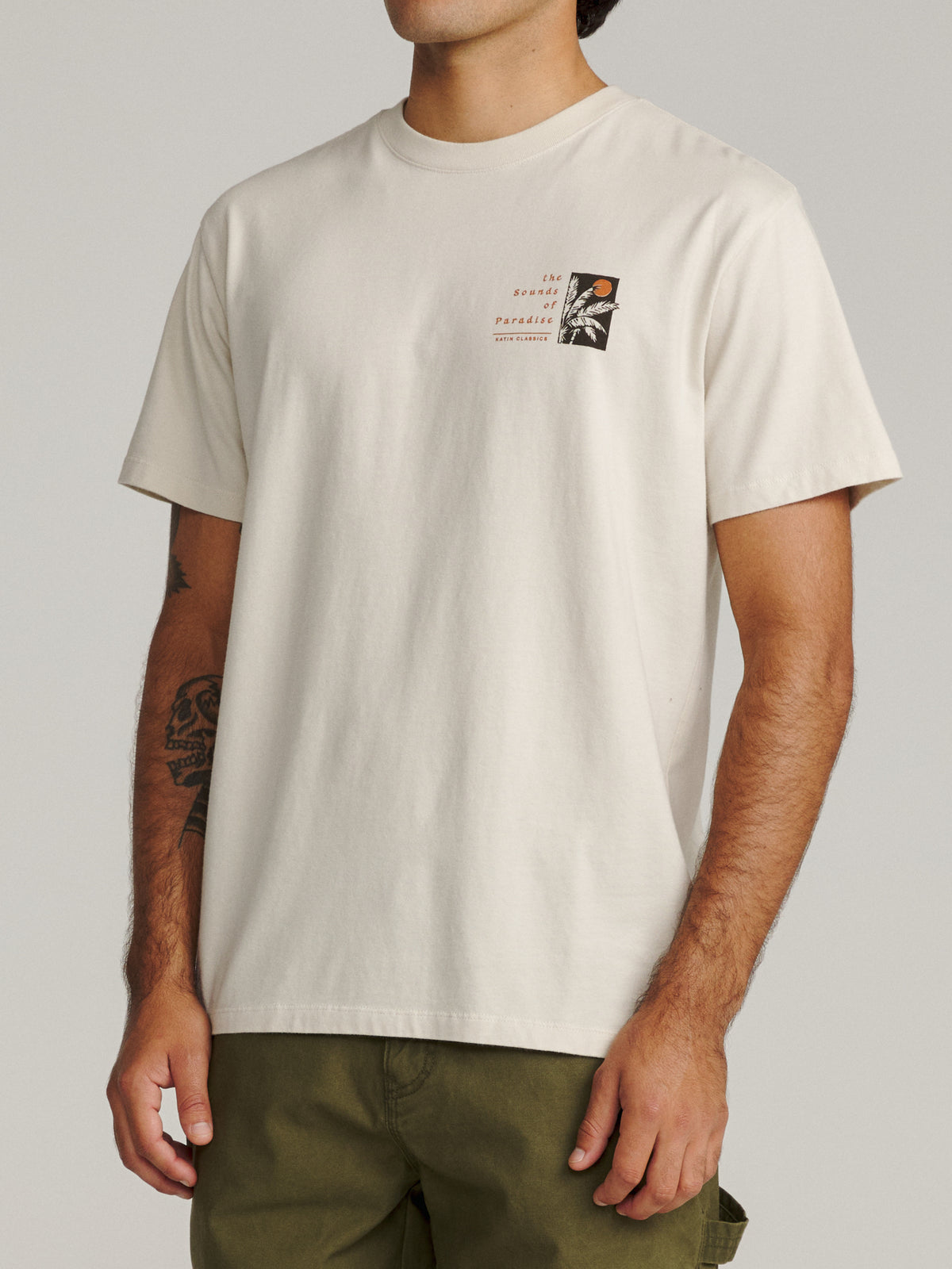 Katin Harmony Tee in Vintage White midweight jersey, on model, side #color_vintage white