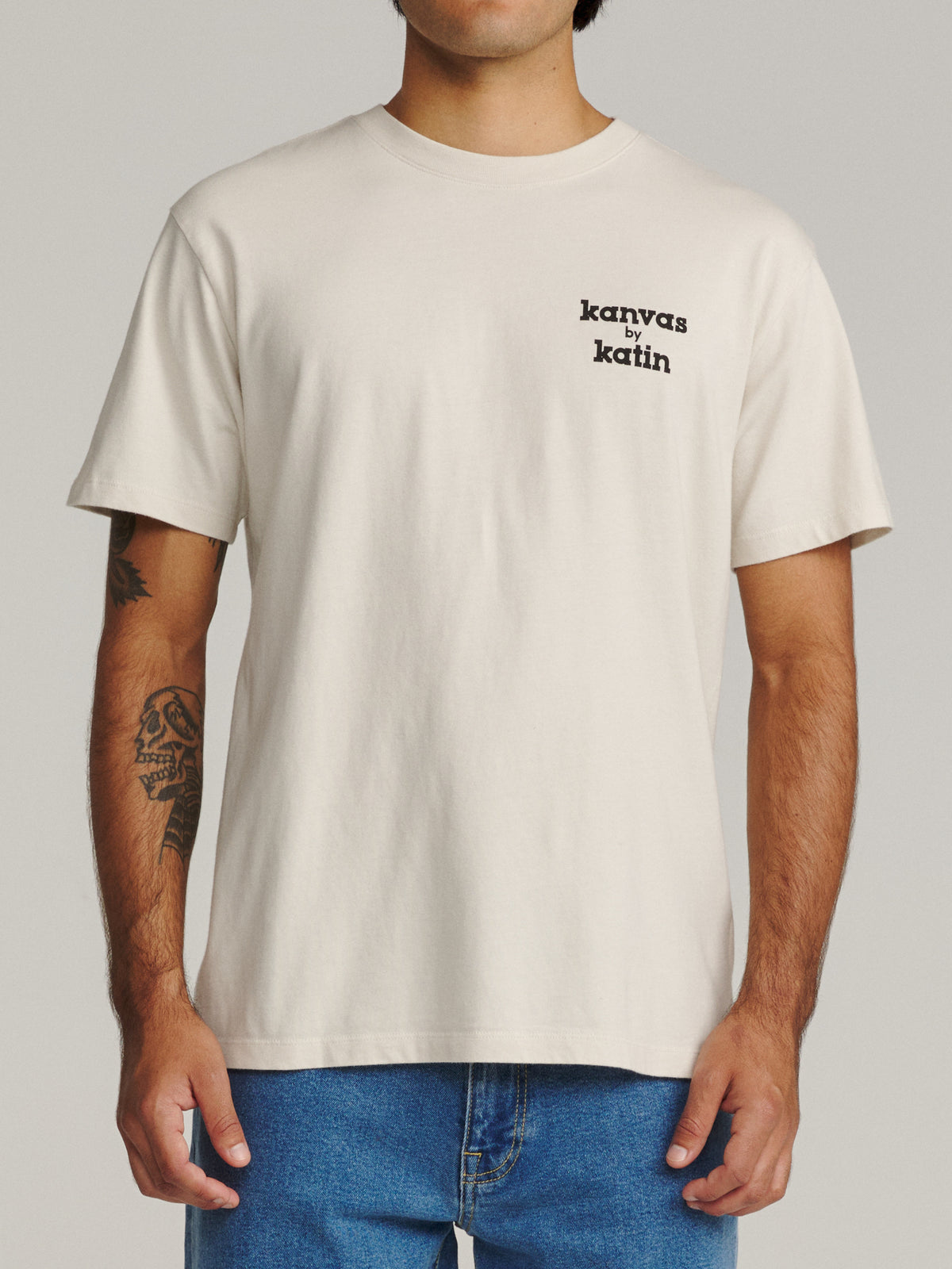 Katin K-Man Tee in Vintage White midweight jersey, on model, front #color_vintage white