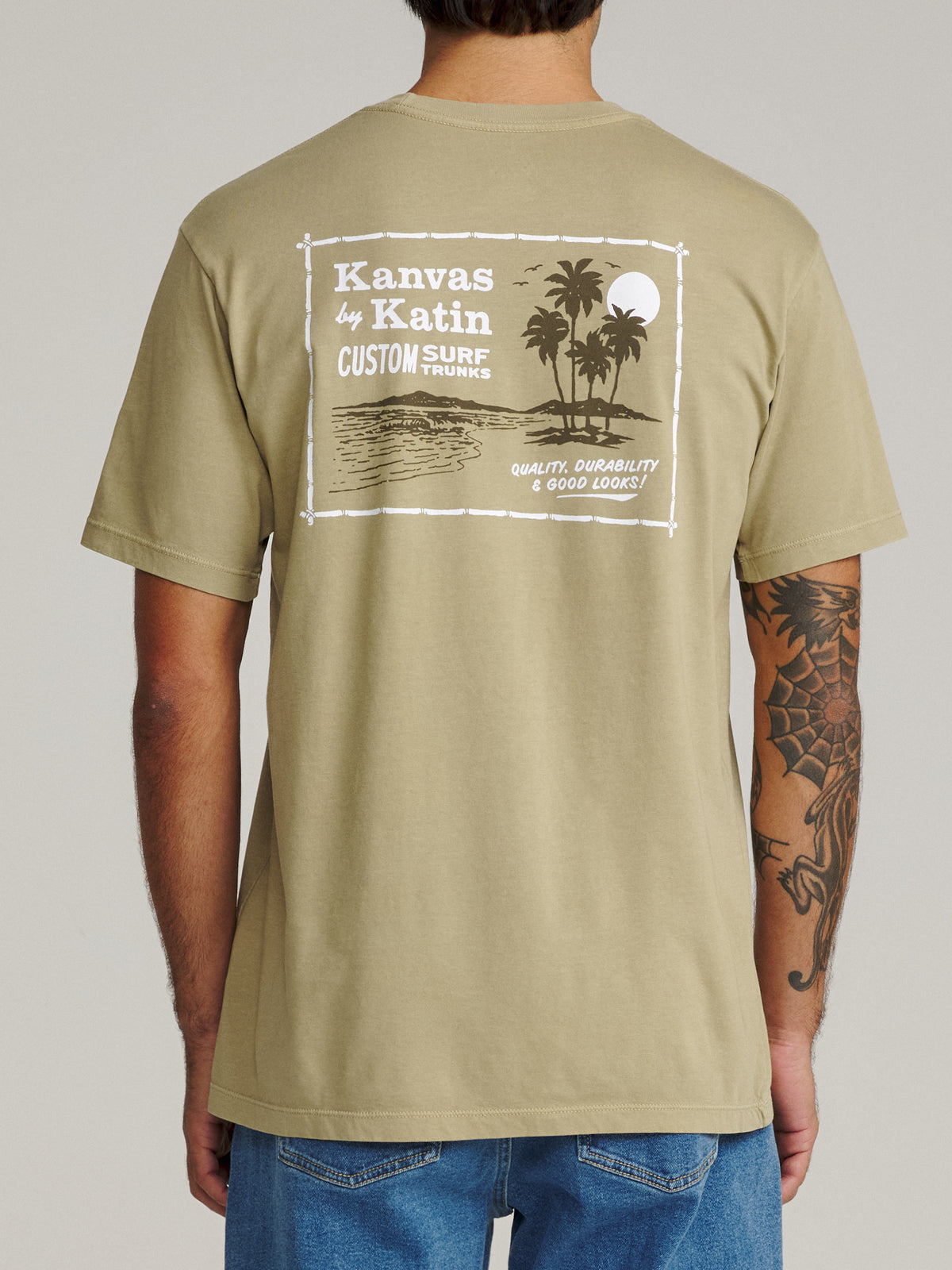 Katin Kai Tee in Covert Green Vintage Wash, on model, back #color_covert green vintage wash