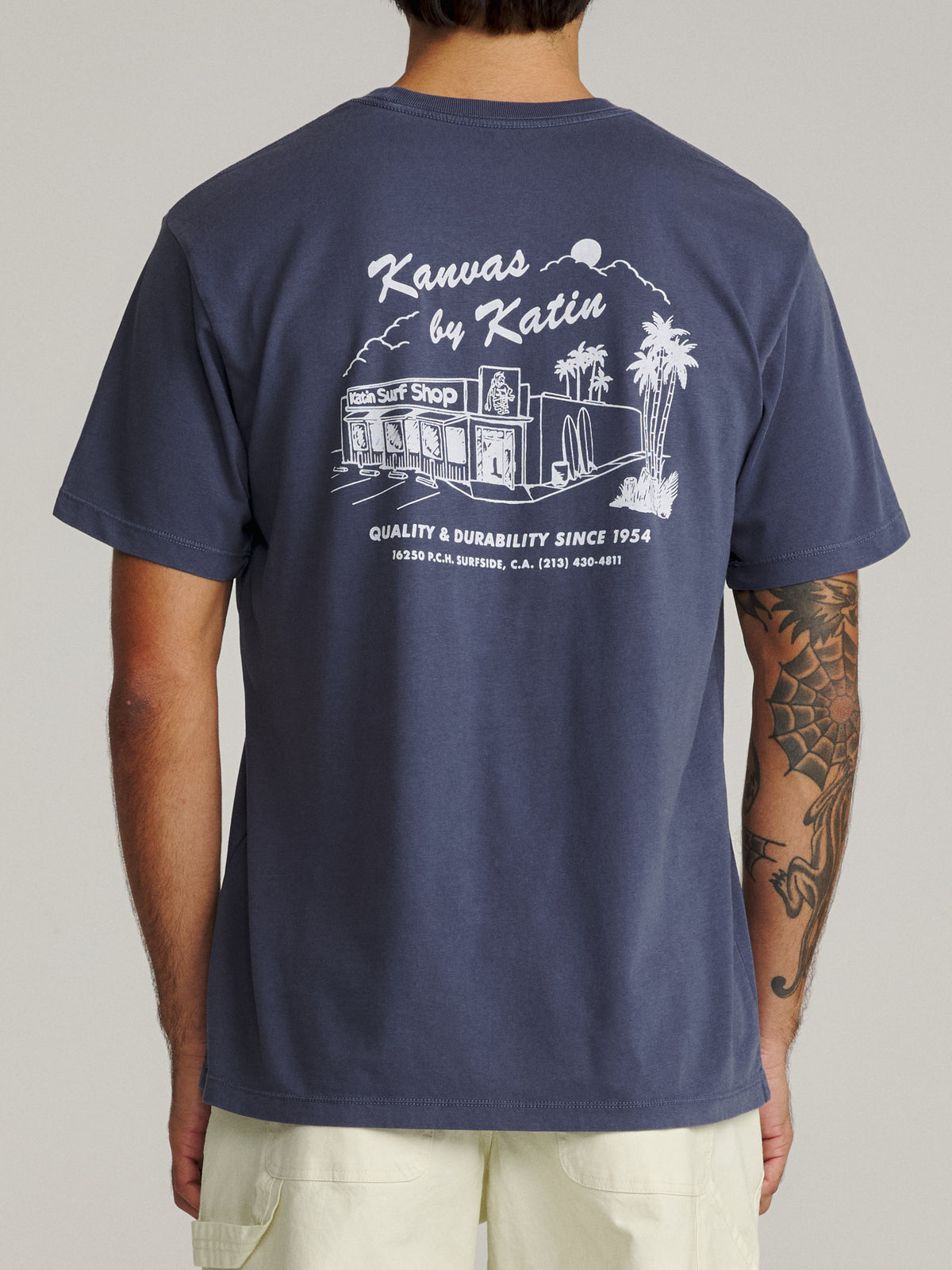 Katin PCH Tee in Washed Blue Vintage Wash, on model, back #color_washed blue vintage wash
