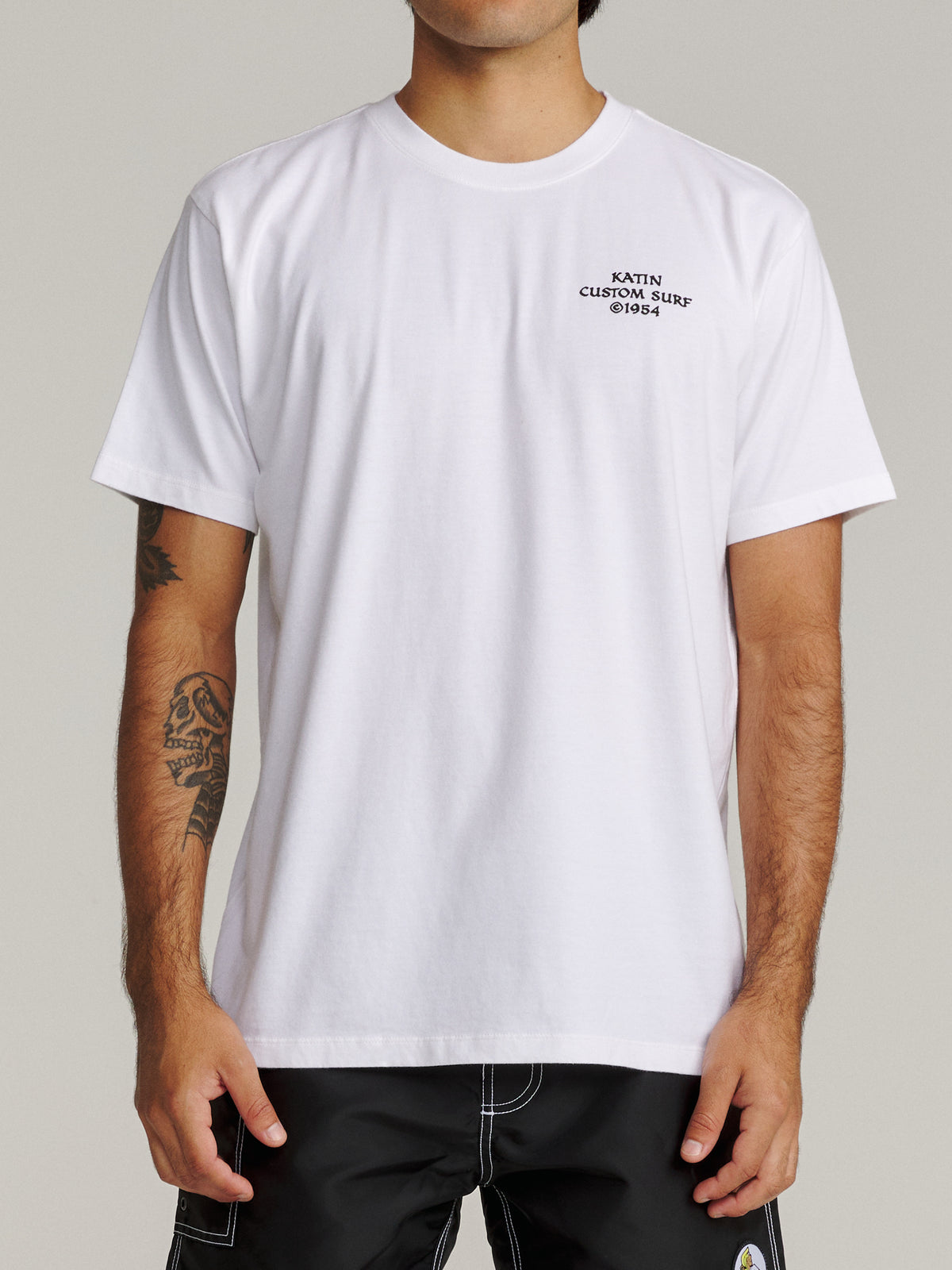 Katin Spell Tee in White midweight jersey, on model, front #color_white