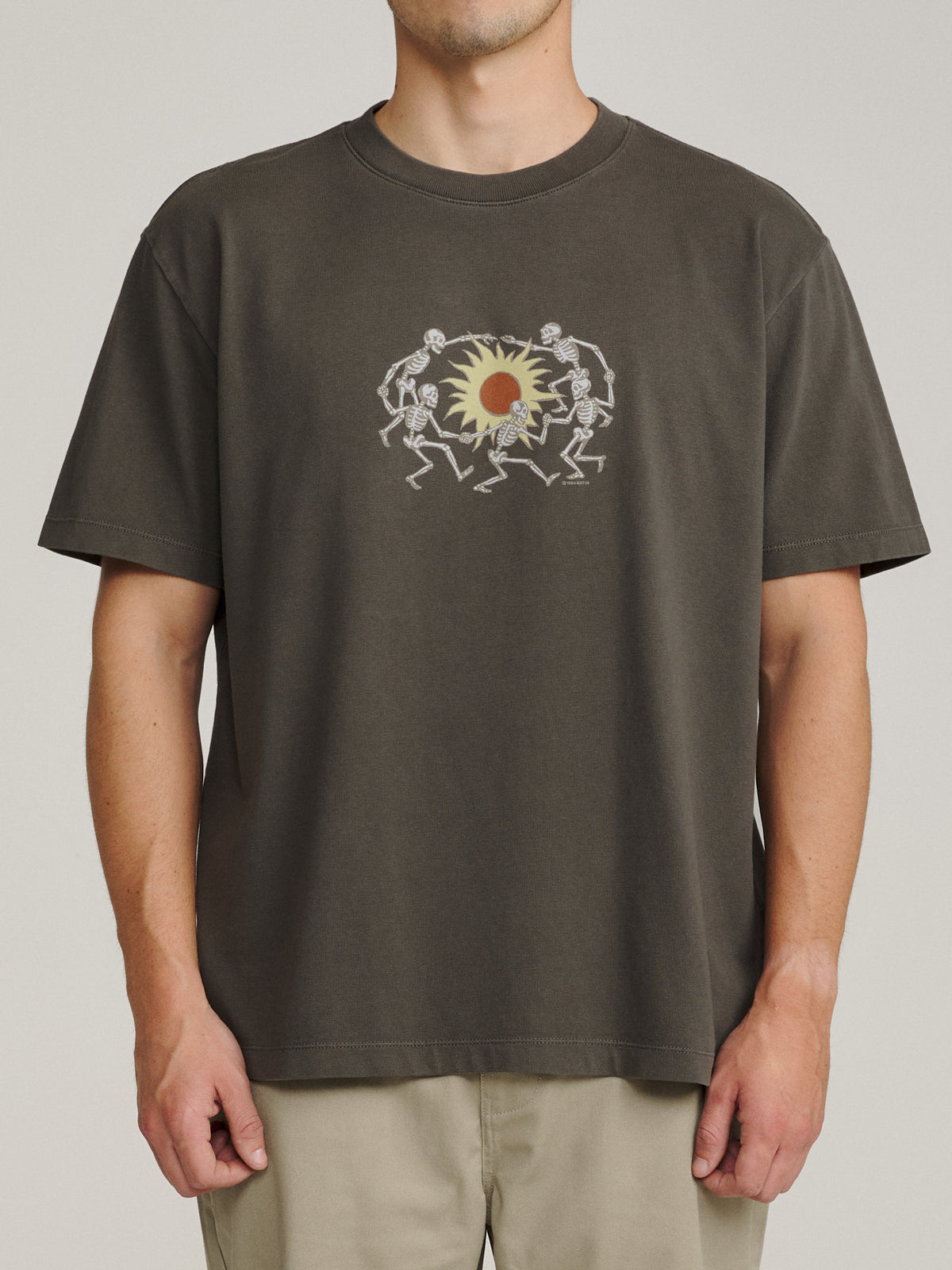 Katin Sundance Box Fit Tee in Lead Vintage Wash, on model, front #color_lead vintage wash