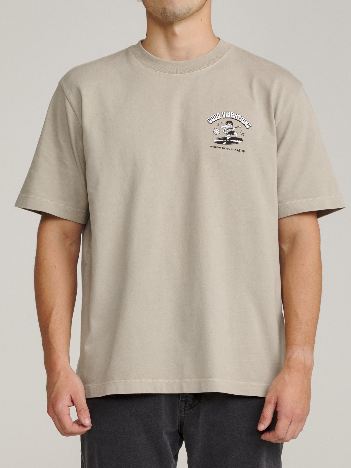 Katin Surf Rock Box Fit Tee in Cement Vintage Wash, on model, front #color_cement vintage wash