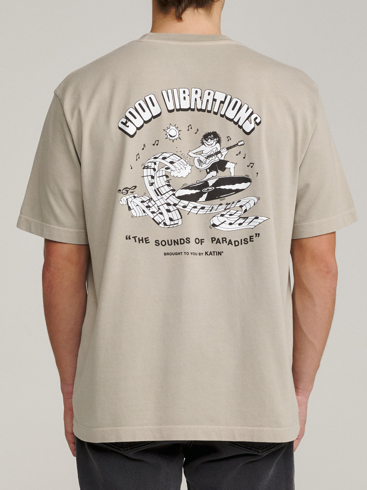 Katin Surf Rock Box Fit Tee in Cement Vintage Wash, on model, back #color_cement vintage wash