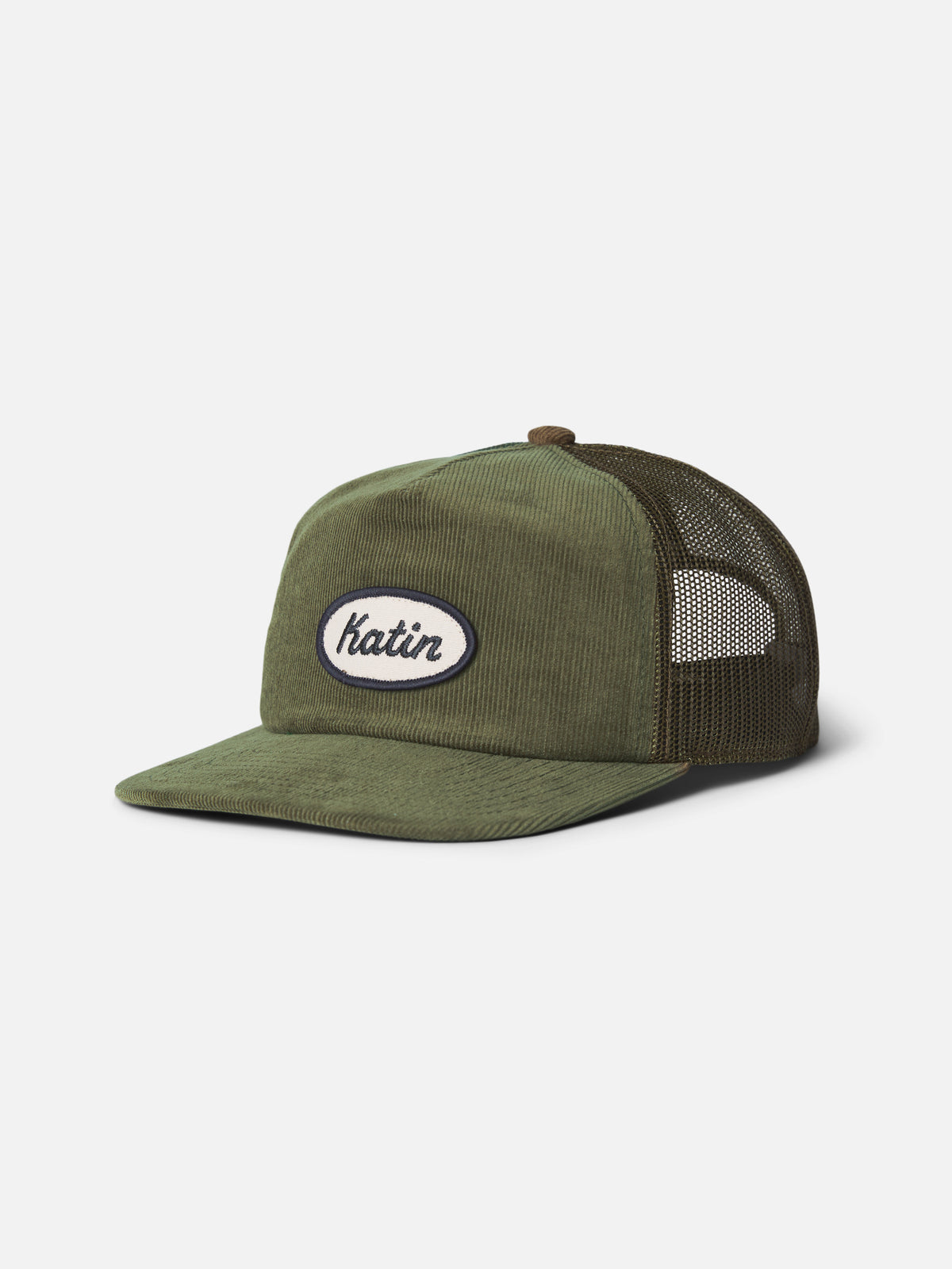Katin Roadside Trucker Hat in Olive corduroy and mesh, flat, front #color_olive