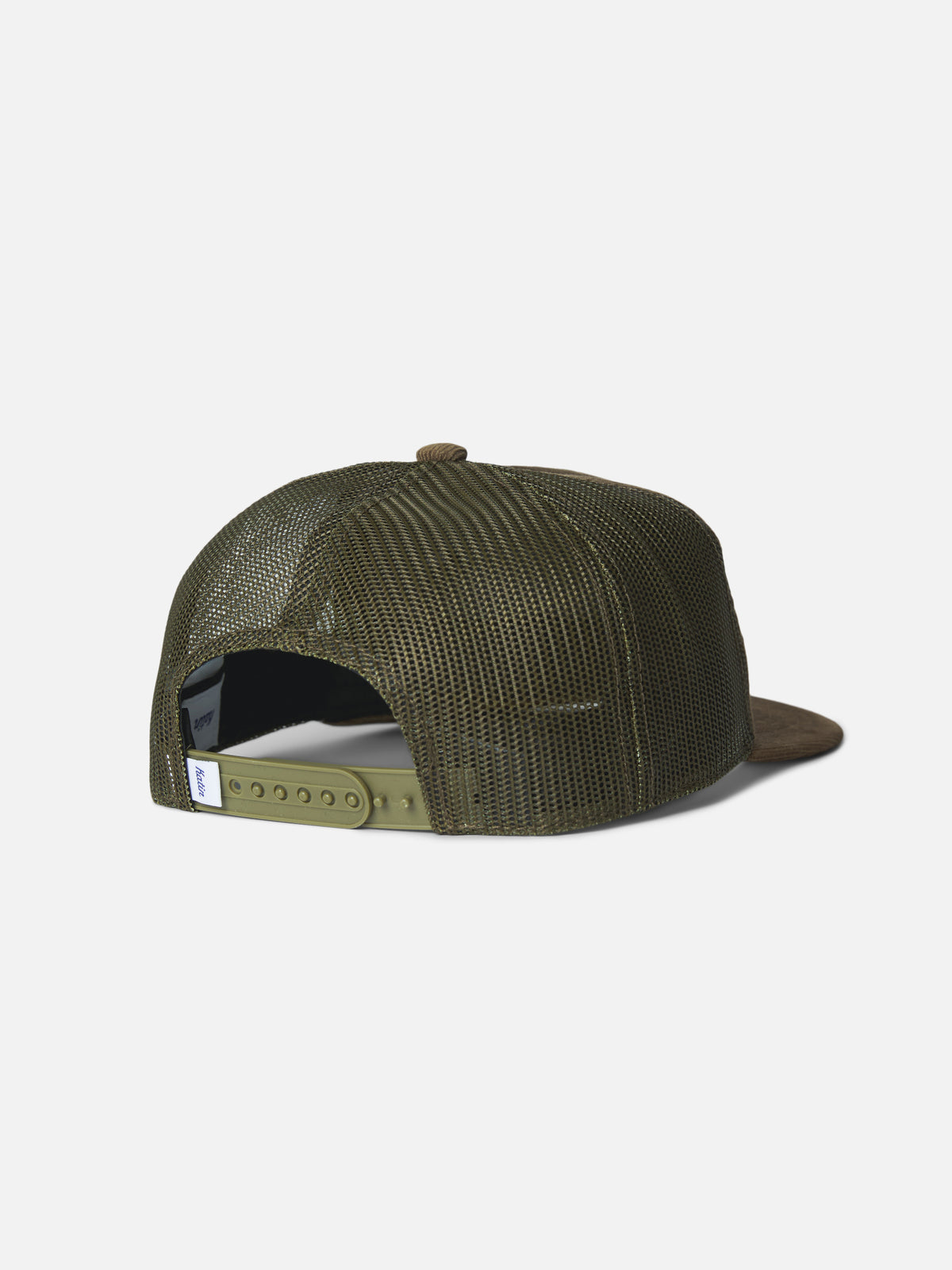 Katin Roadside Trucker Hat in Olive corduroy and mesh, flat, back #color_olive