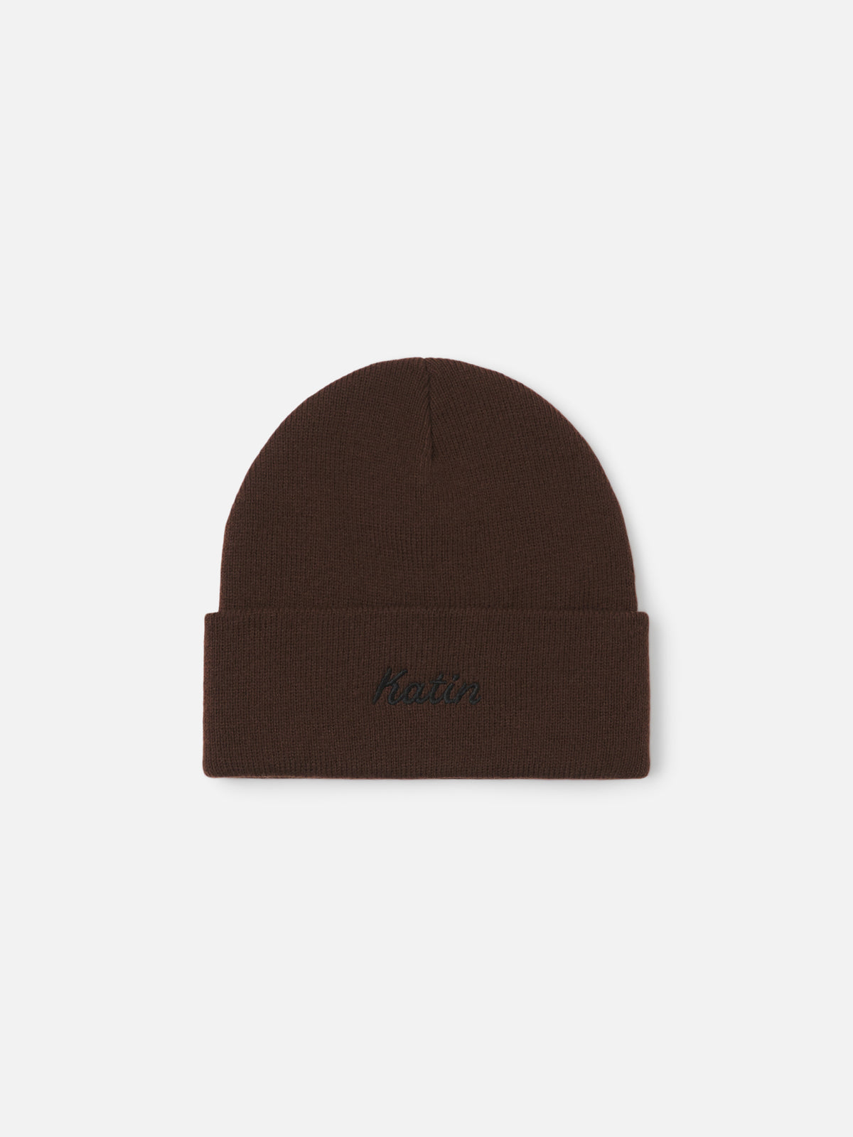 Katin Script Beanie in Brown fine gauge knit, flat, front #color_brown
