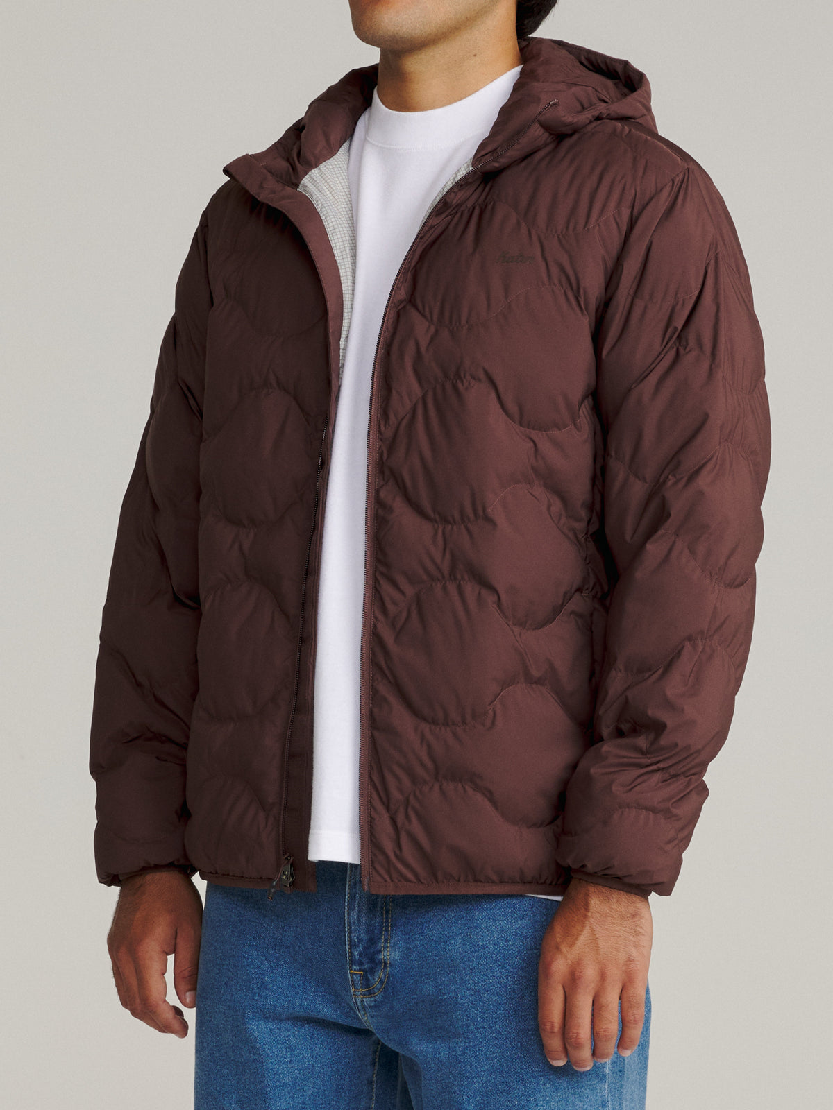 Katin OTG Henson Hooded Puffer in French Roast, on model, side #color_french roast