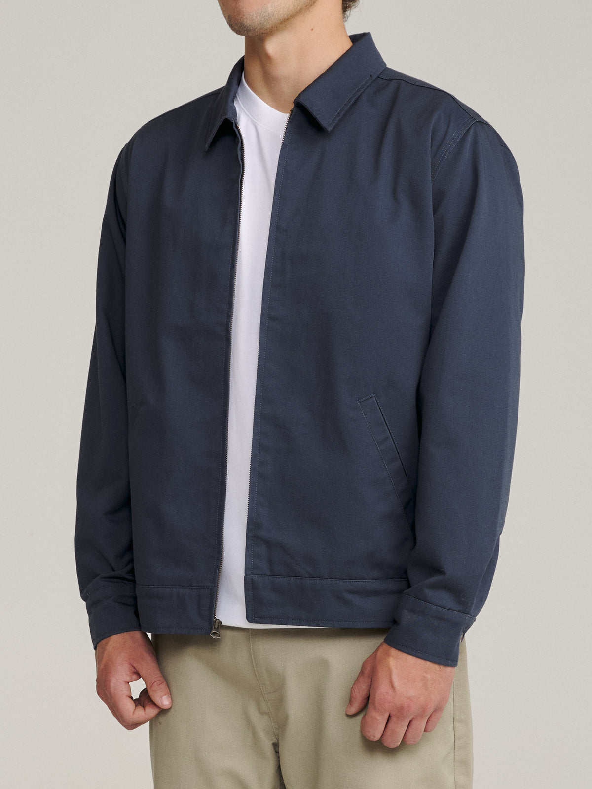 Katin Sam Jacket in Washed Blue chino twill, on model, side #color_washed blue