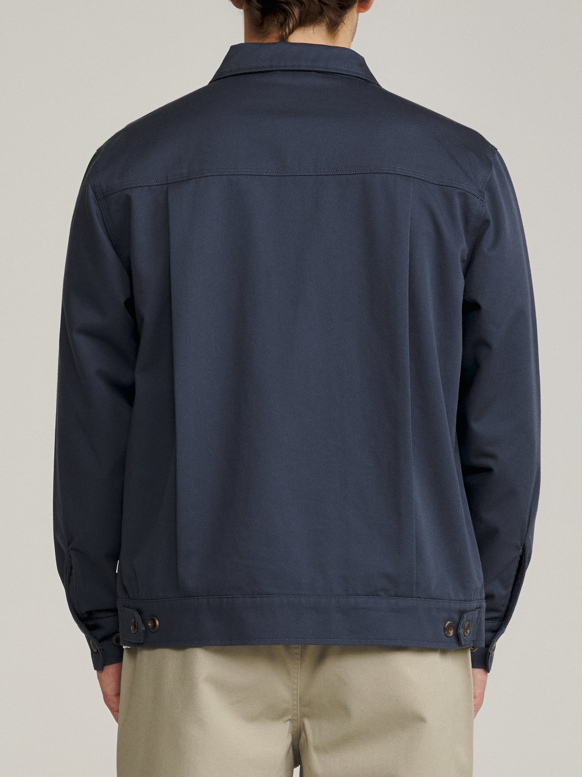 Katin Sam Jacket in Washed Blue chino twill, on model, back #color_washed blue