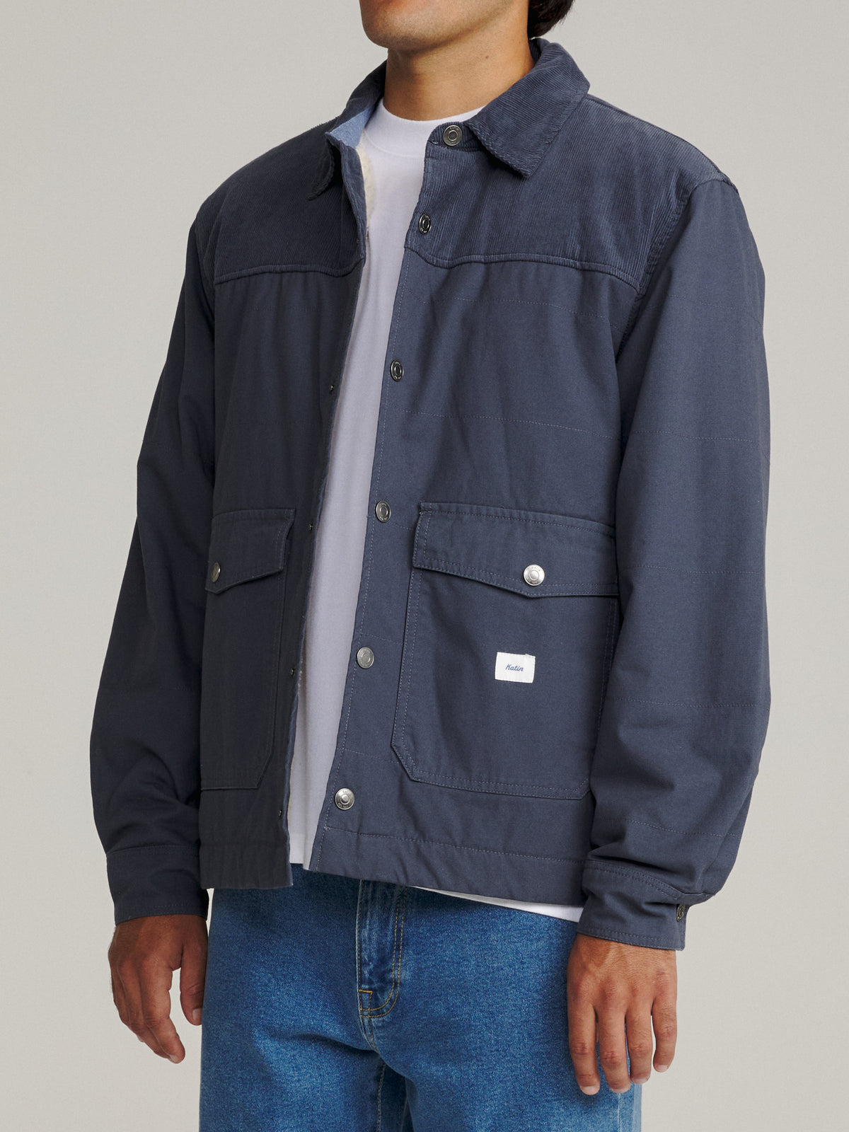 Katin Yukon Jacket in Washed Blue, on model, side #color_washed blue