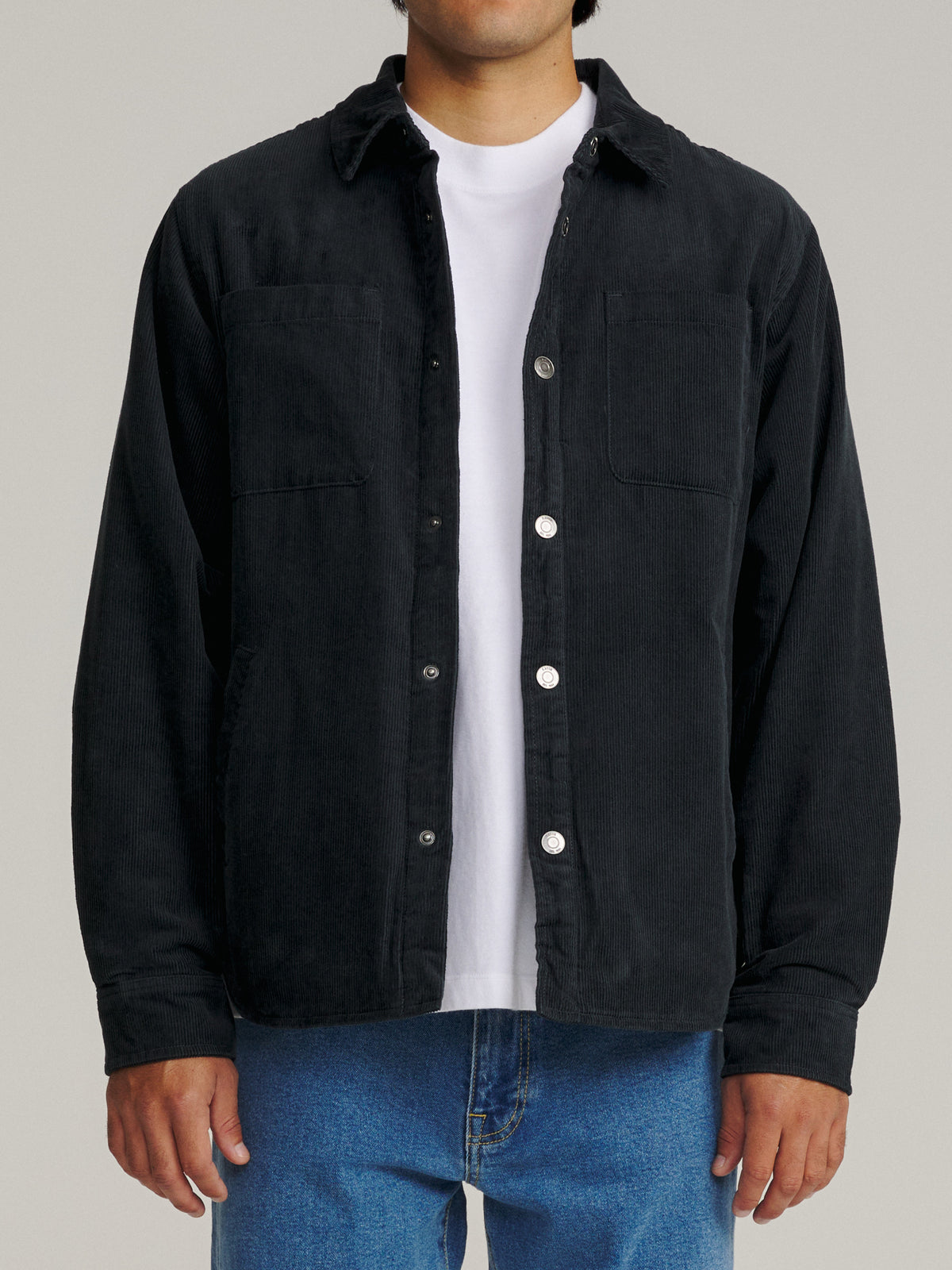 Katin Harold Corduroy Shirt Jacket in Black Wash, on model, front #color_black wash