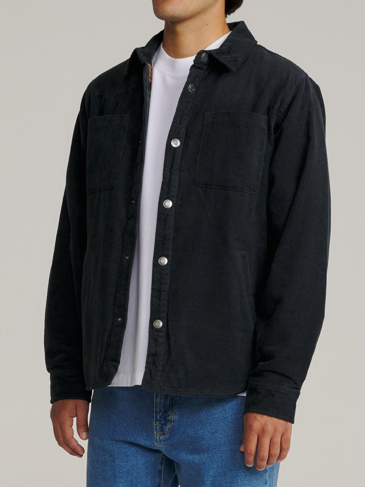 Katin Harold Corduroy Shirt Jacket in Black Wash, on model, side #color_black wash
