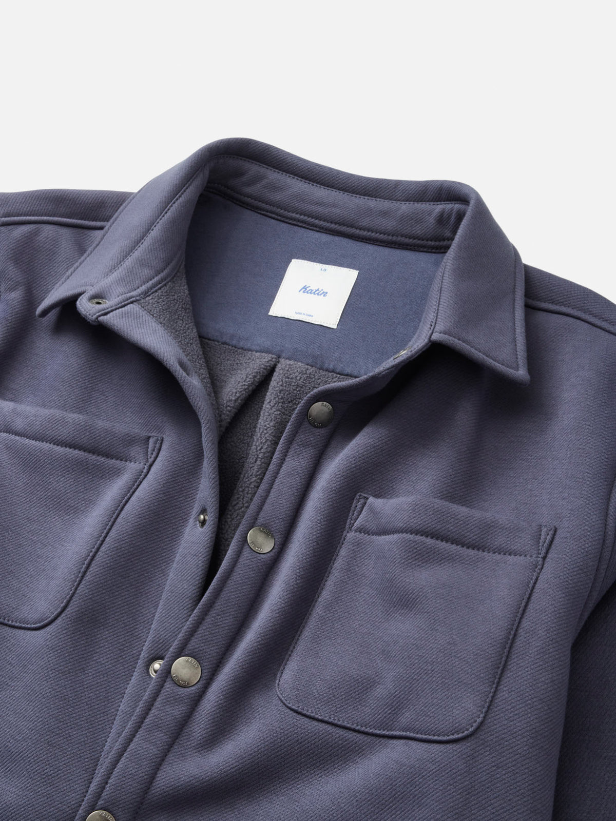 Katin Harold Fleece Shirt Jacket in Washed Blue fleece-backed twill, flat, detail #color_washed blue