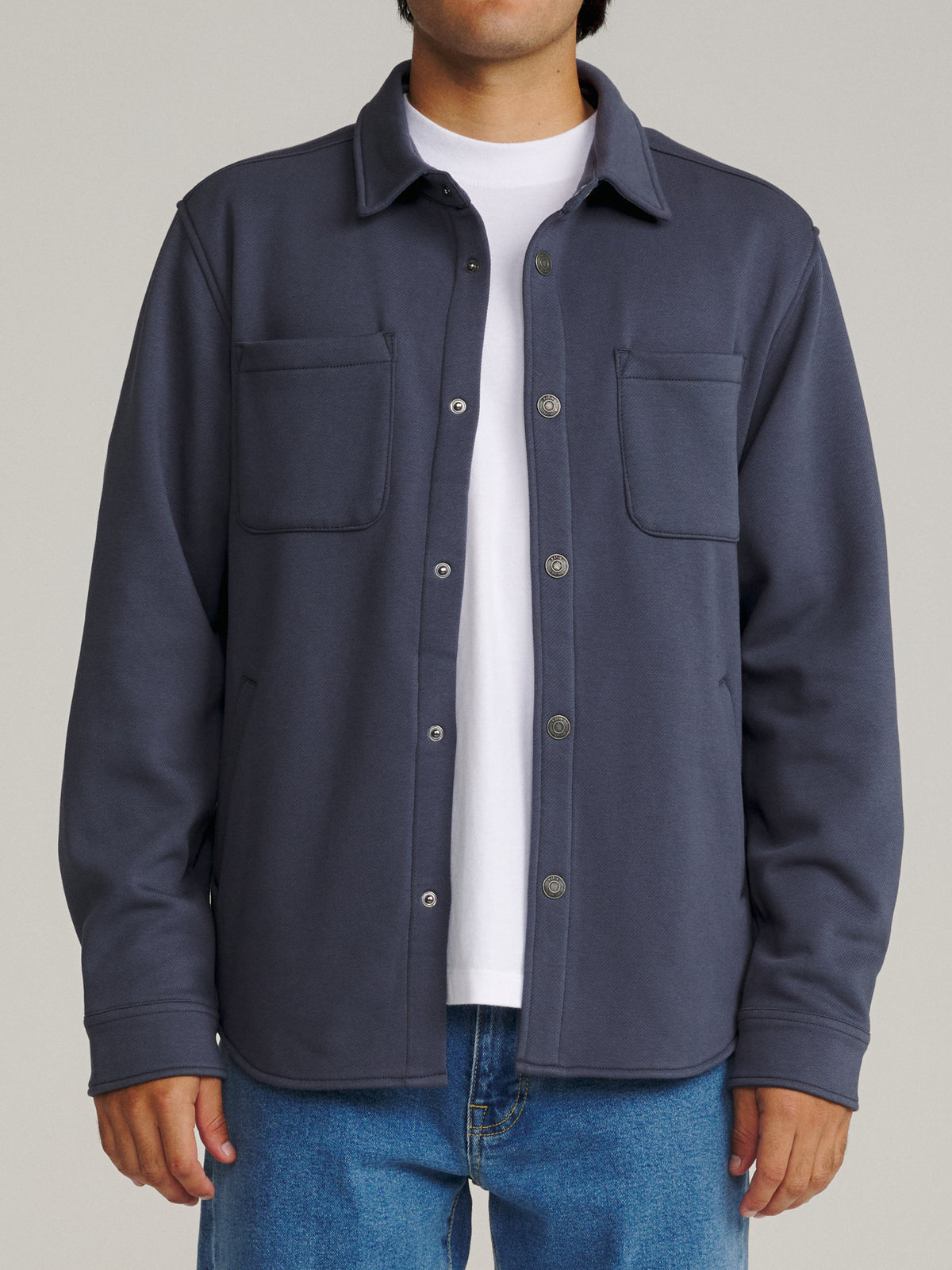 Katin Harold Fleece Shirt Jacket in Washed Blue fleece-backed twill, on model, front #color_washed blue