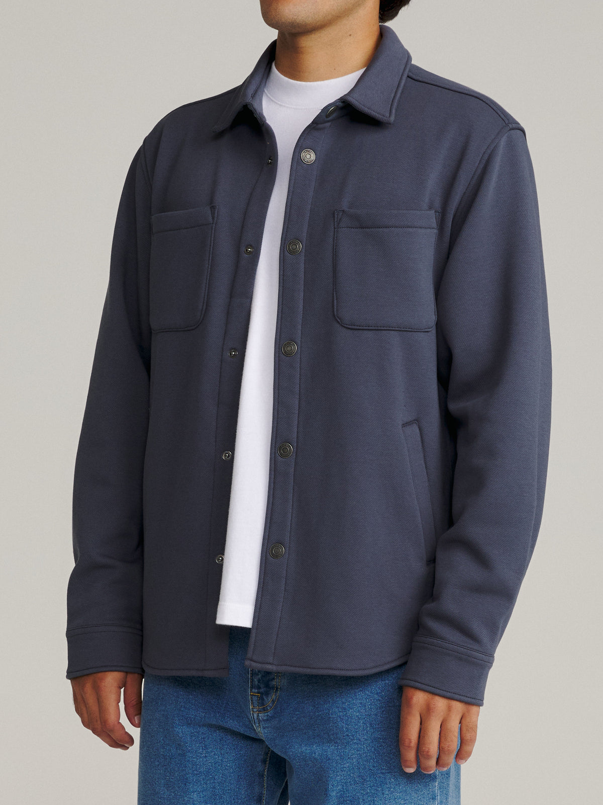 Katin Harold Fleece Shirt Jacket in Washed Blue fleece-backed twill, on model, side #color_washed blue